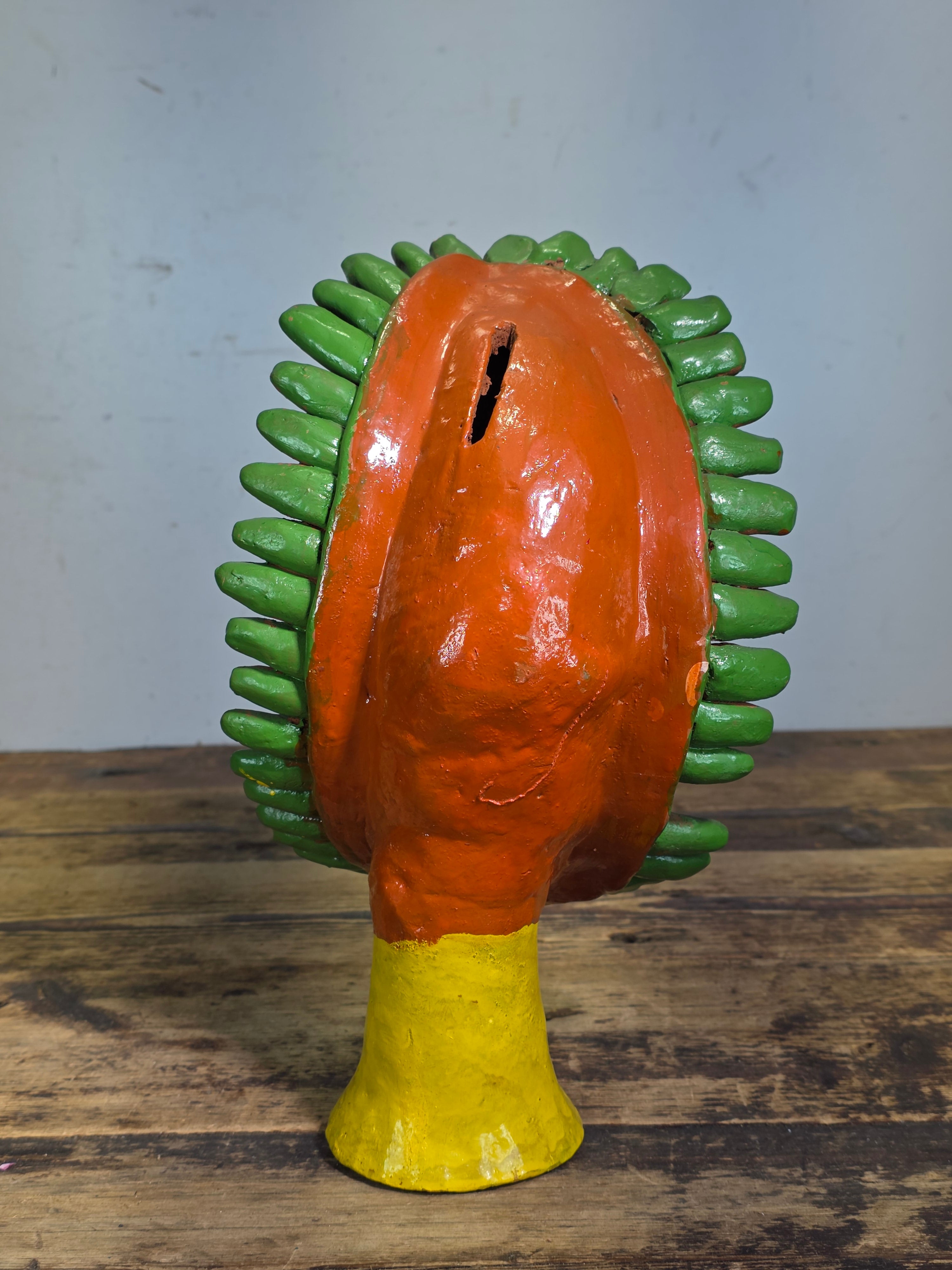 Vintage Ocumicho Mexican Folk Art Pottery Sun Face Coin Bank Surreal Head