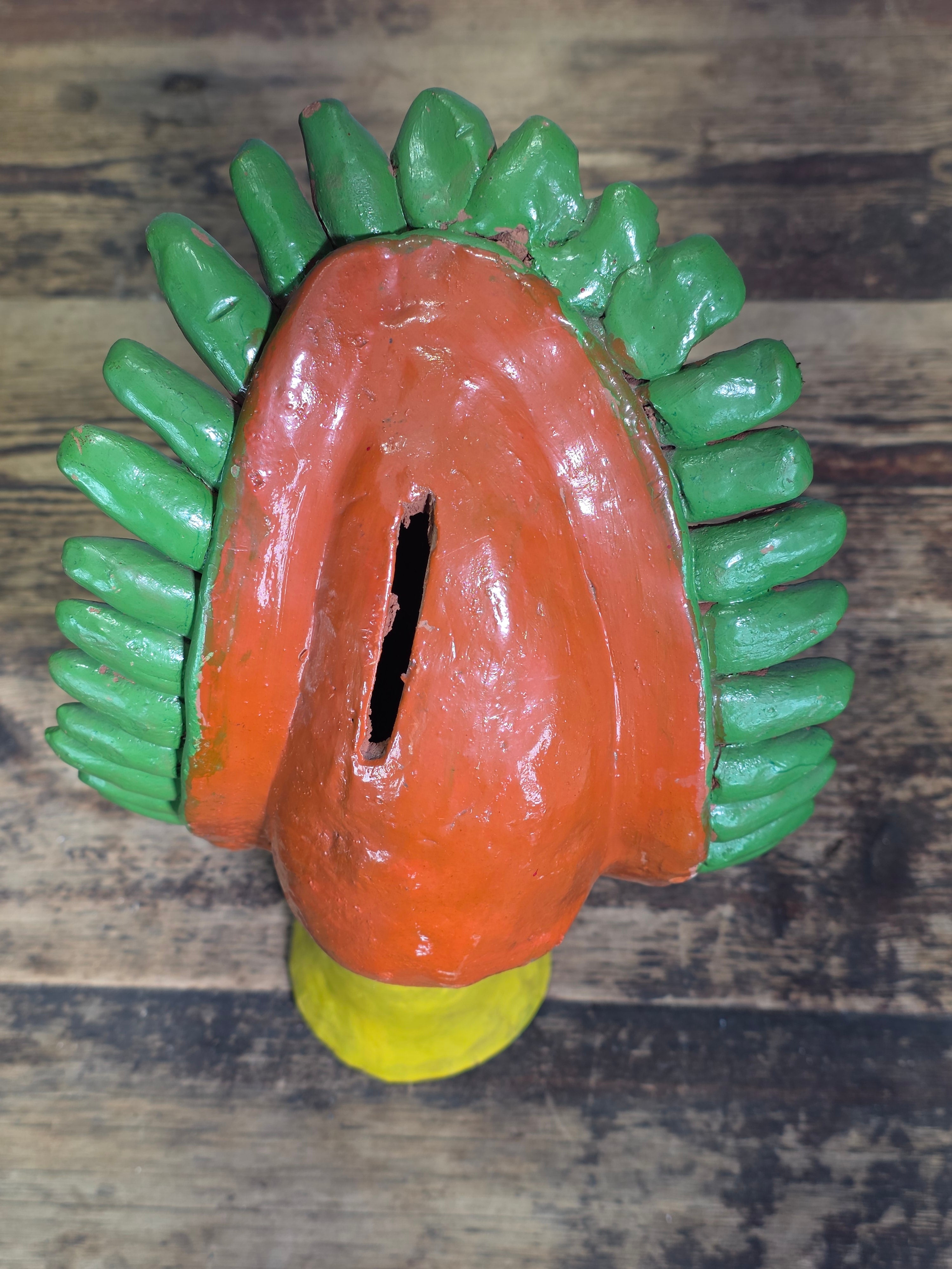 Vintage Ocumicho Mexican Folk Art Pottery Sun Face Coin Bank Surreal Head