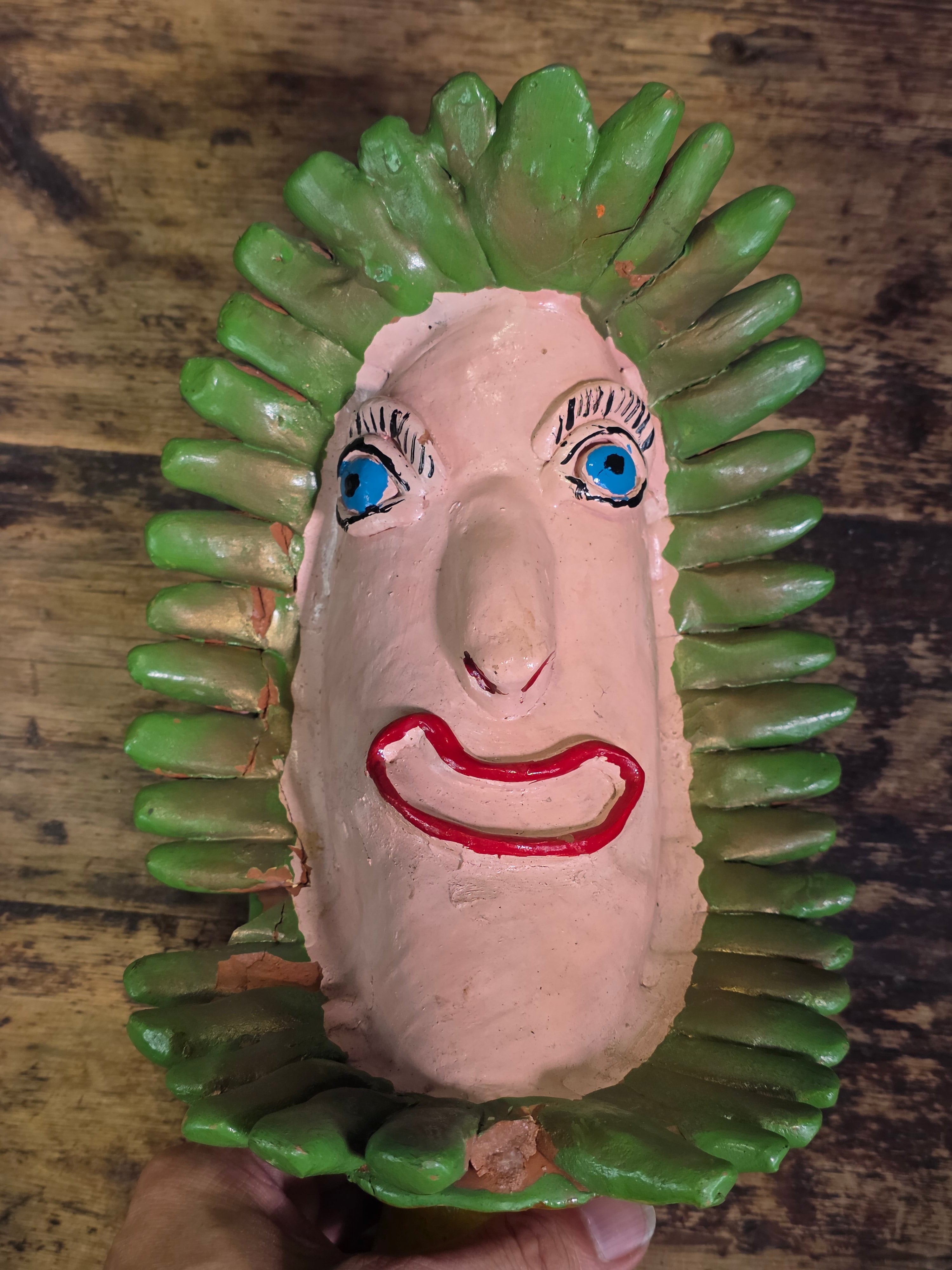 Vintage Ocumicho Mexican Folk Art Pottery Sun Face Coin Bank Surreal Head