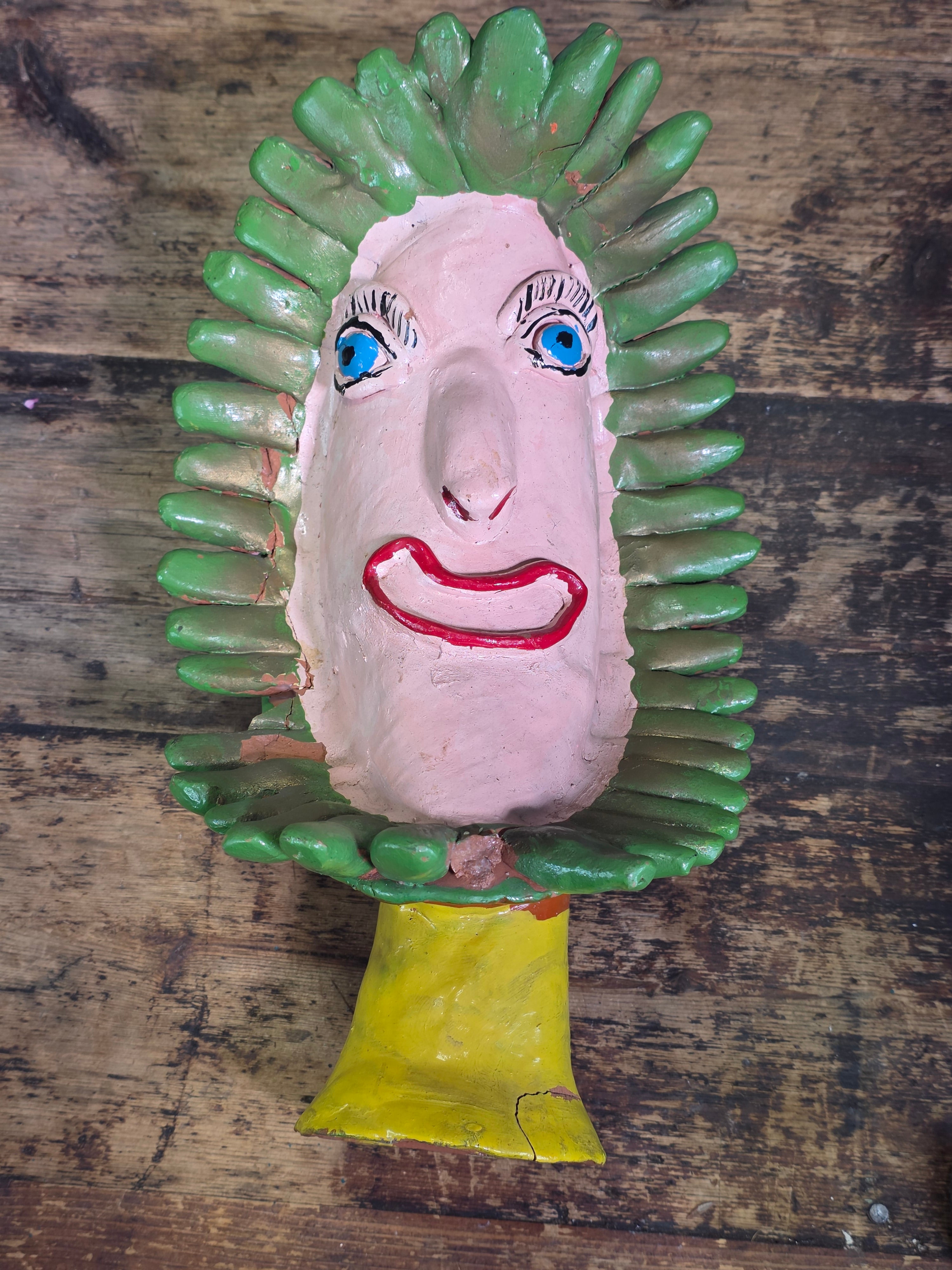 Vintage Ocumicho Mexican Folk Art Pottery Sun Face Coin Bank Surreal Head