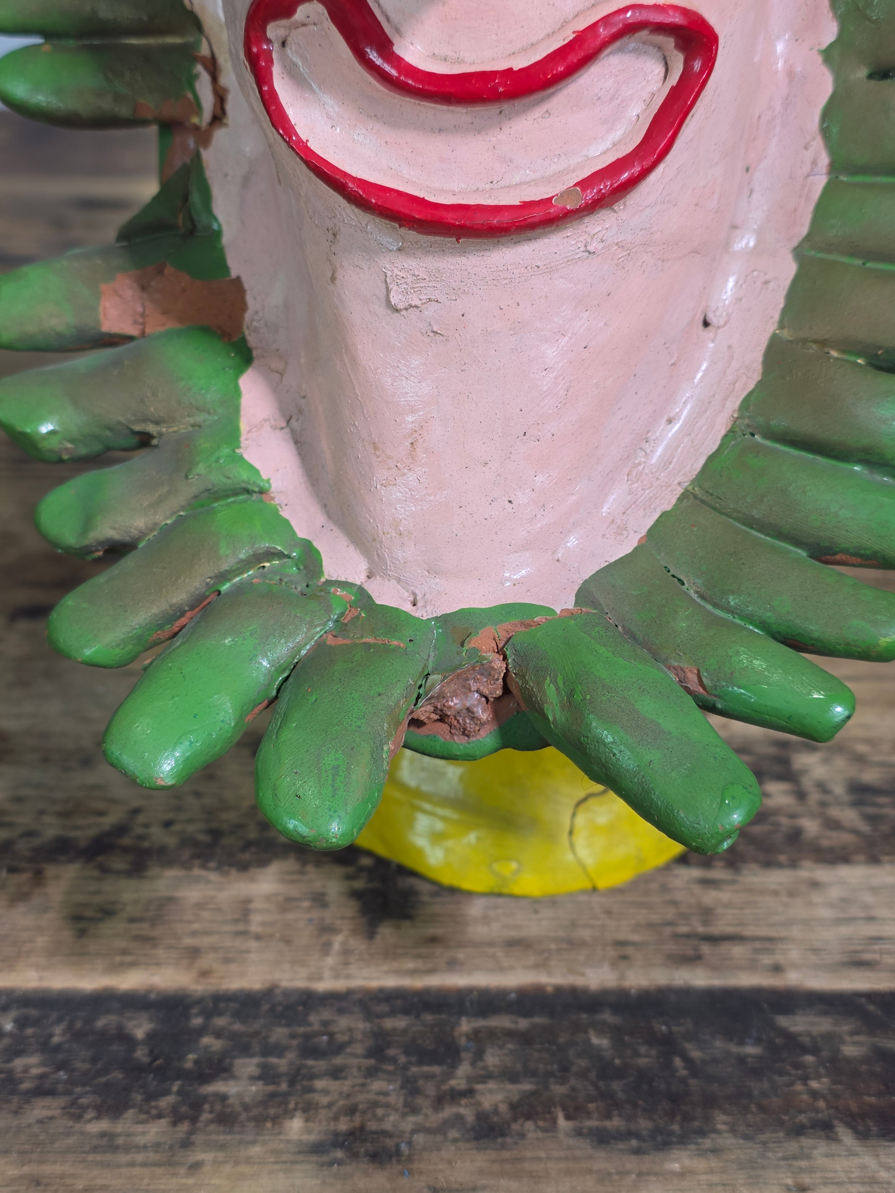 Vintage Ocumicho Mexican Folk Art Pottery Sun Face Coin Bank Surreal Head