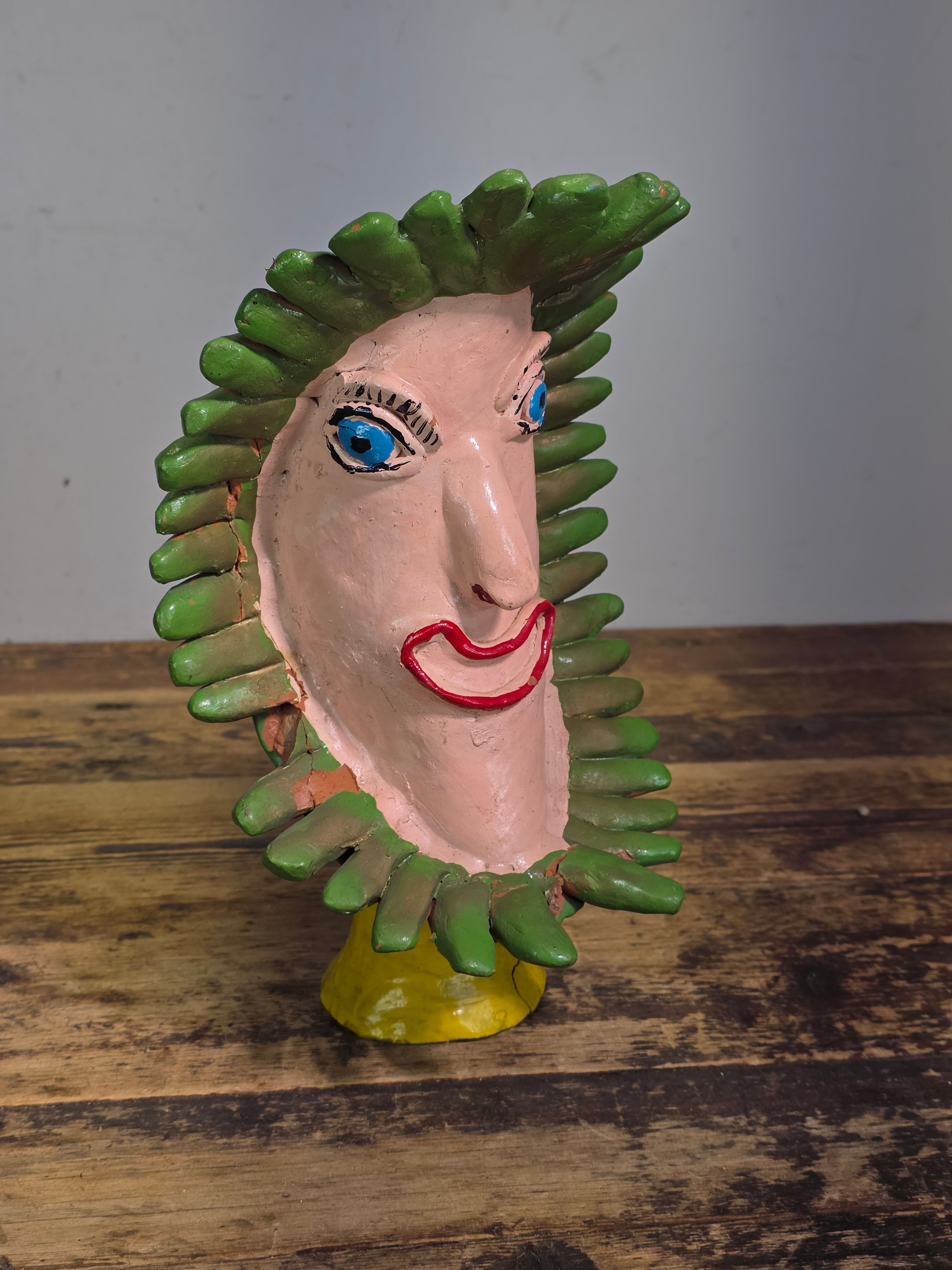 Vintage Ocumicho Mexican Folk Art Pottery Sun Face Coin Bank Surreal Head