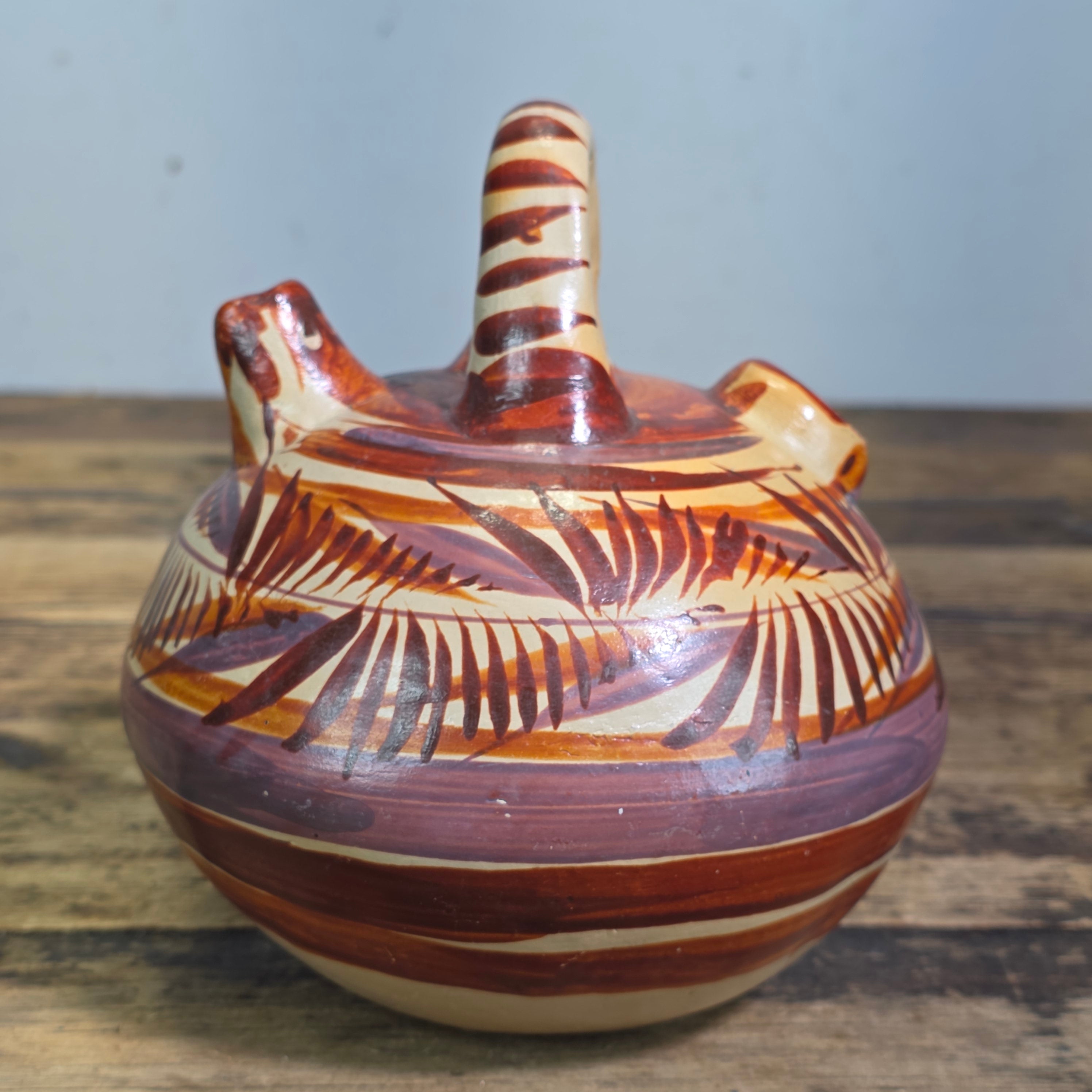 Vintage Mexican Tonala Pottery Water Jug Cantaro Double Spout Terracotta Clay 6"