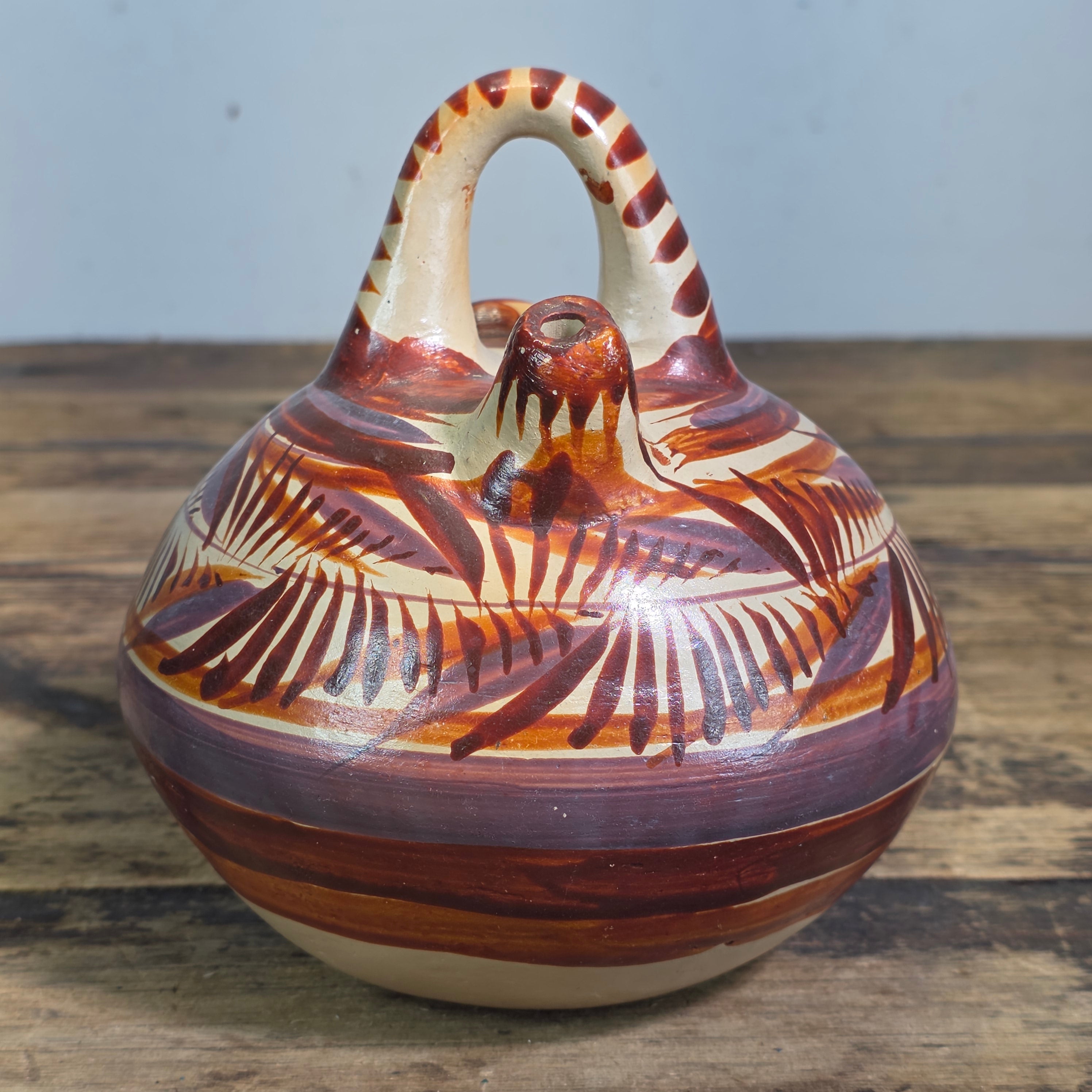 Vintage Mexican Tonala Pottery Water Jug Cantaro Double Spout Terracotta Clay 6"