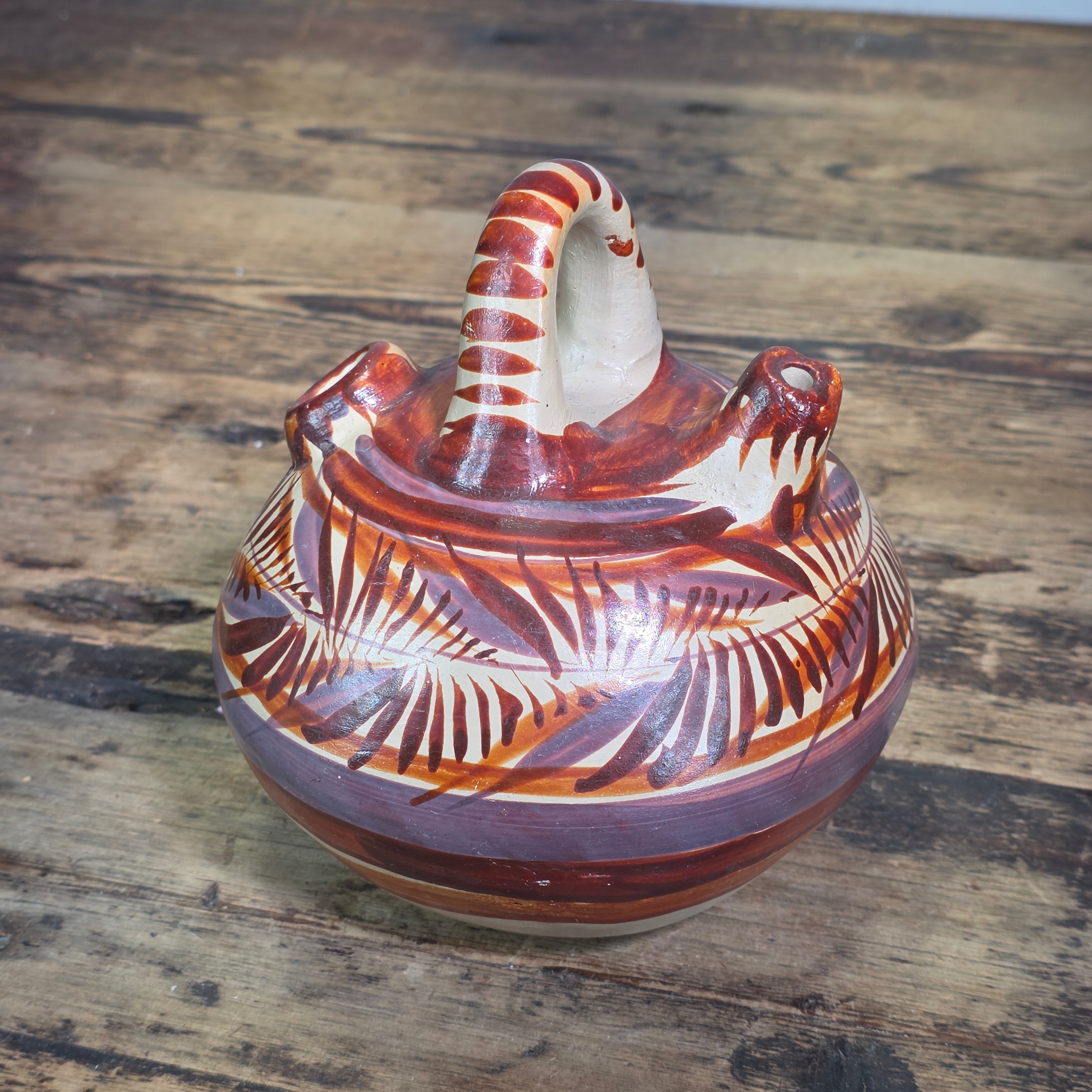 Vintage Mexican Tonala Pottery Water Jug Cantaro Double Spout Terracotta Clay 6"