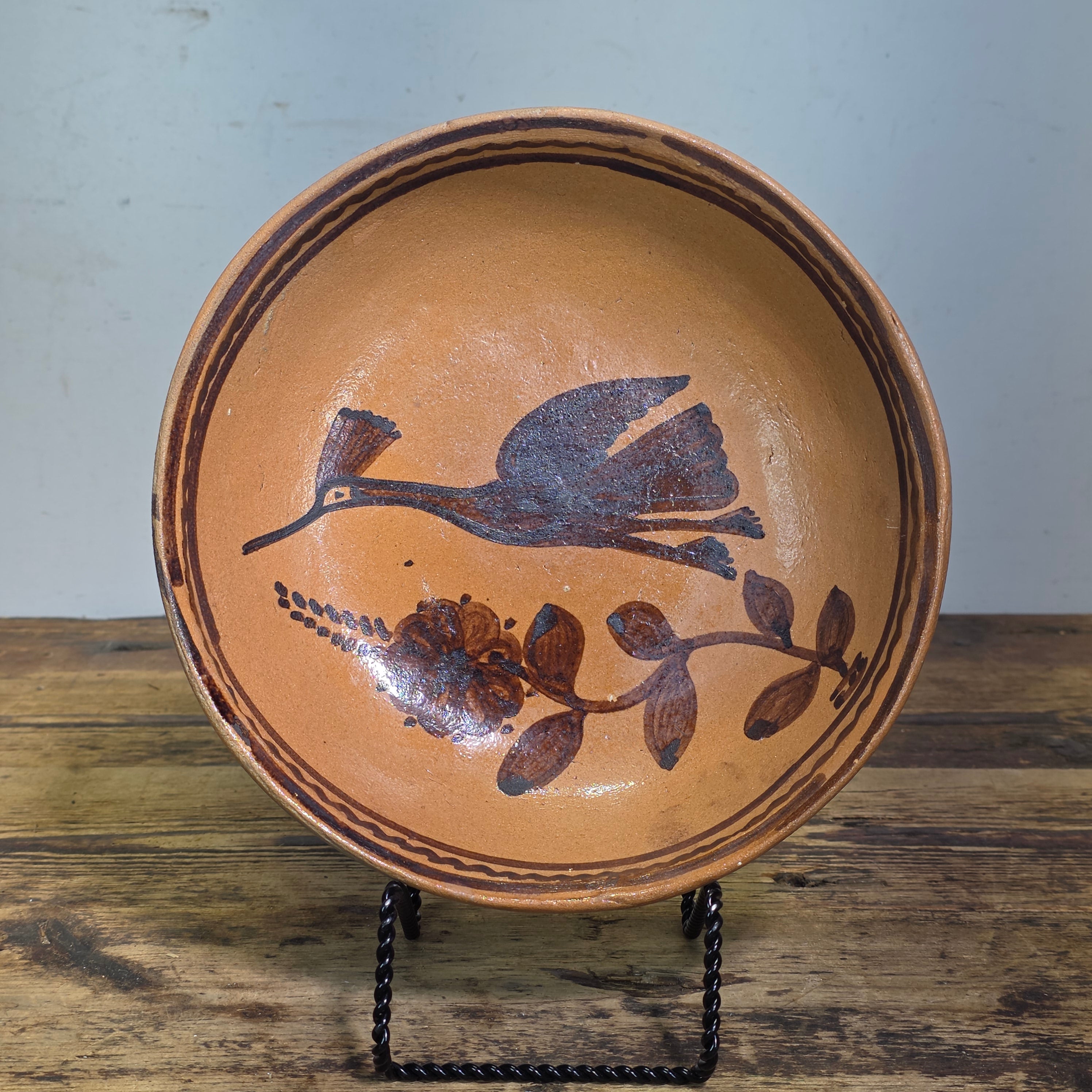 Vintage Mexican Folk Art Pottery Redware Terracotta Bowl Hand Painted Bird 8.5"