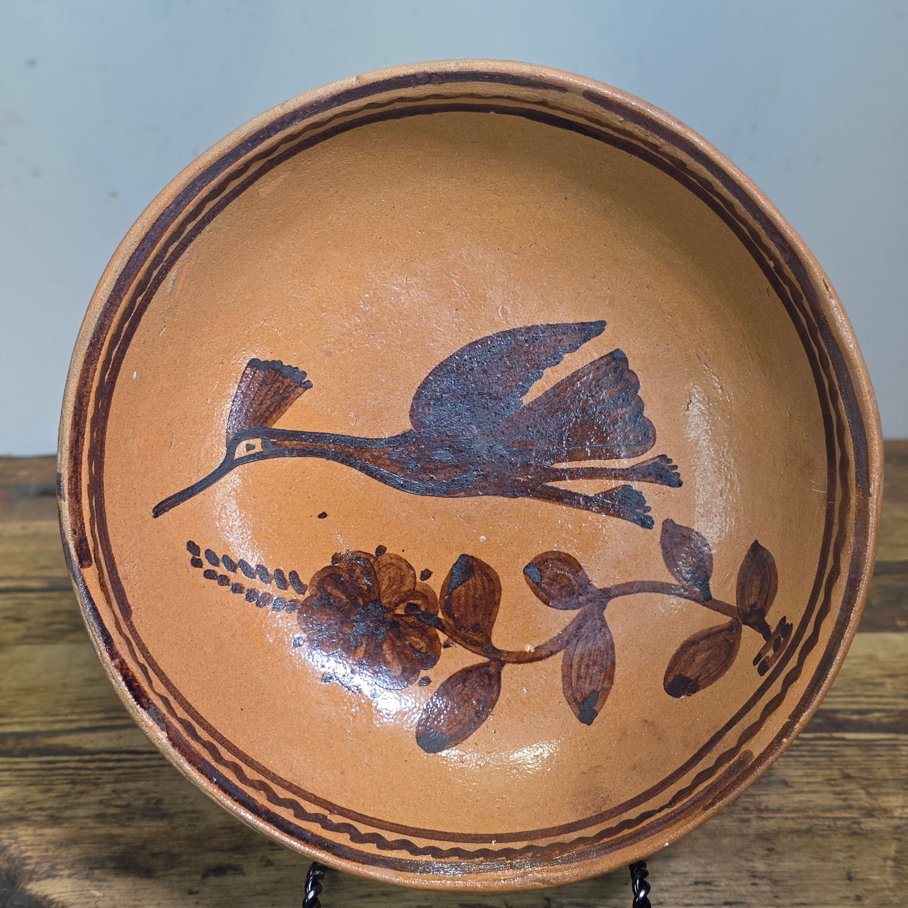 Vintage Mexican Folk Art Pottery Redware Terracotta Bowl Hand Painted Bird 8.5"