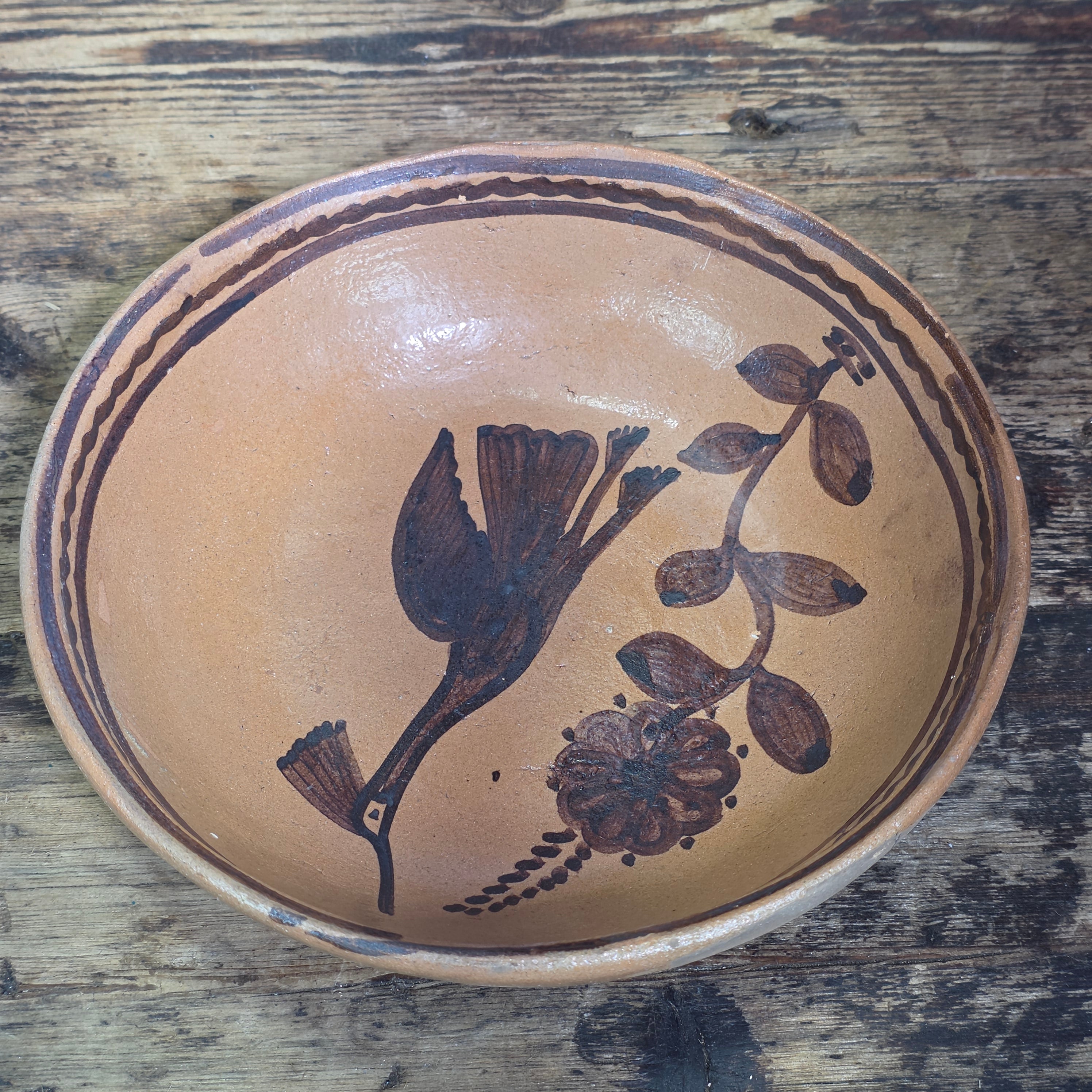 Vintage Mexican Folk Art Pottery Redware Terracotta Bowl Hand Painted Bird 8.5"