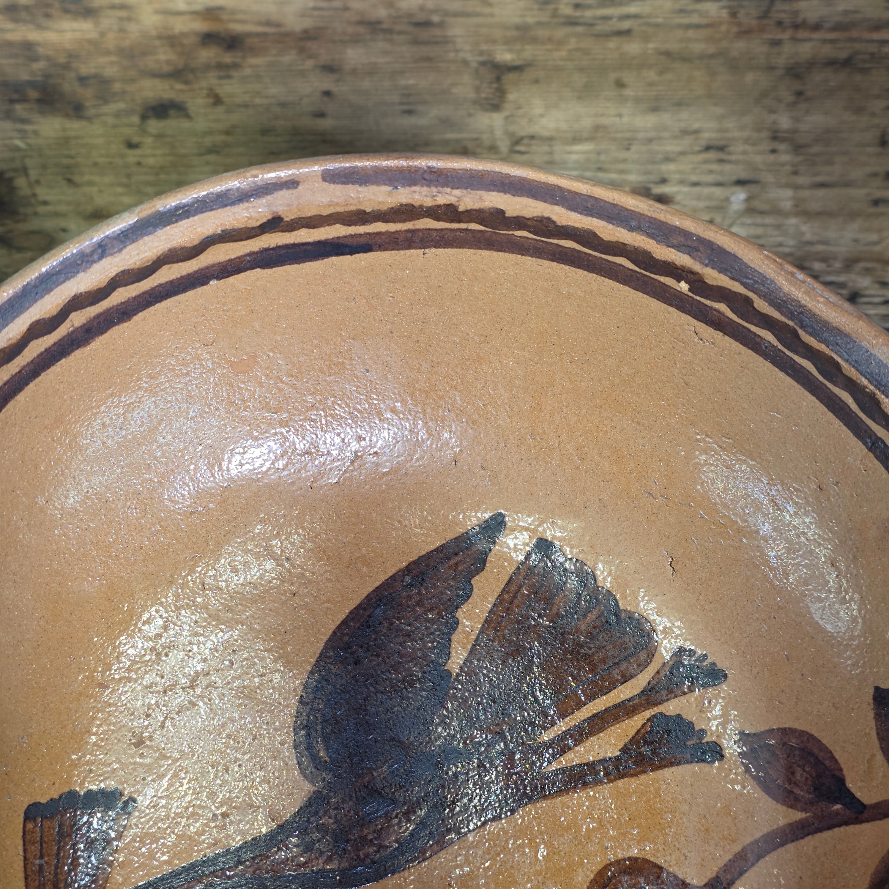 Vintage Mexican Folk Art Pottery Redware Terracotta Bowl Hand Painted Bird 8.5"