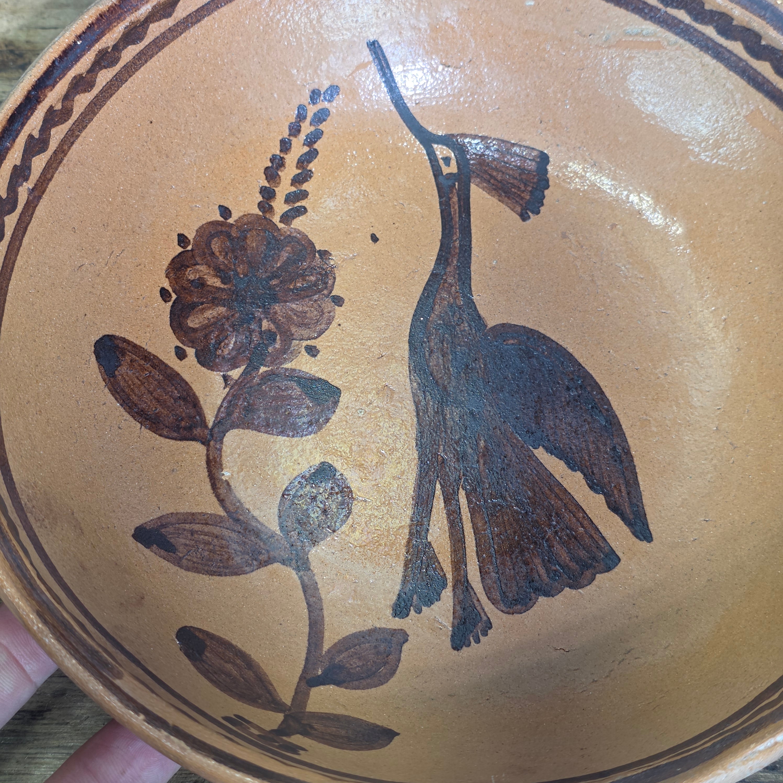Vintage Mexican Folk Art Pottery Redware Terracotta Bowl Hand Painted Bird 8.5"