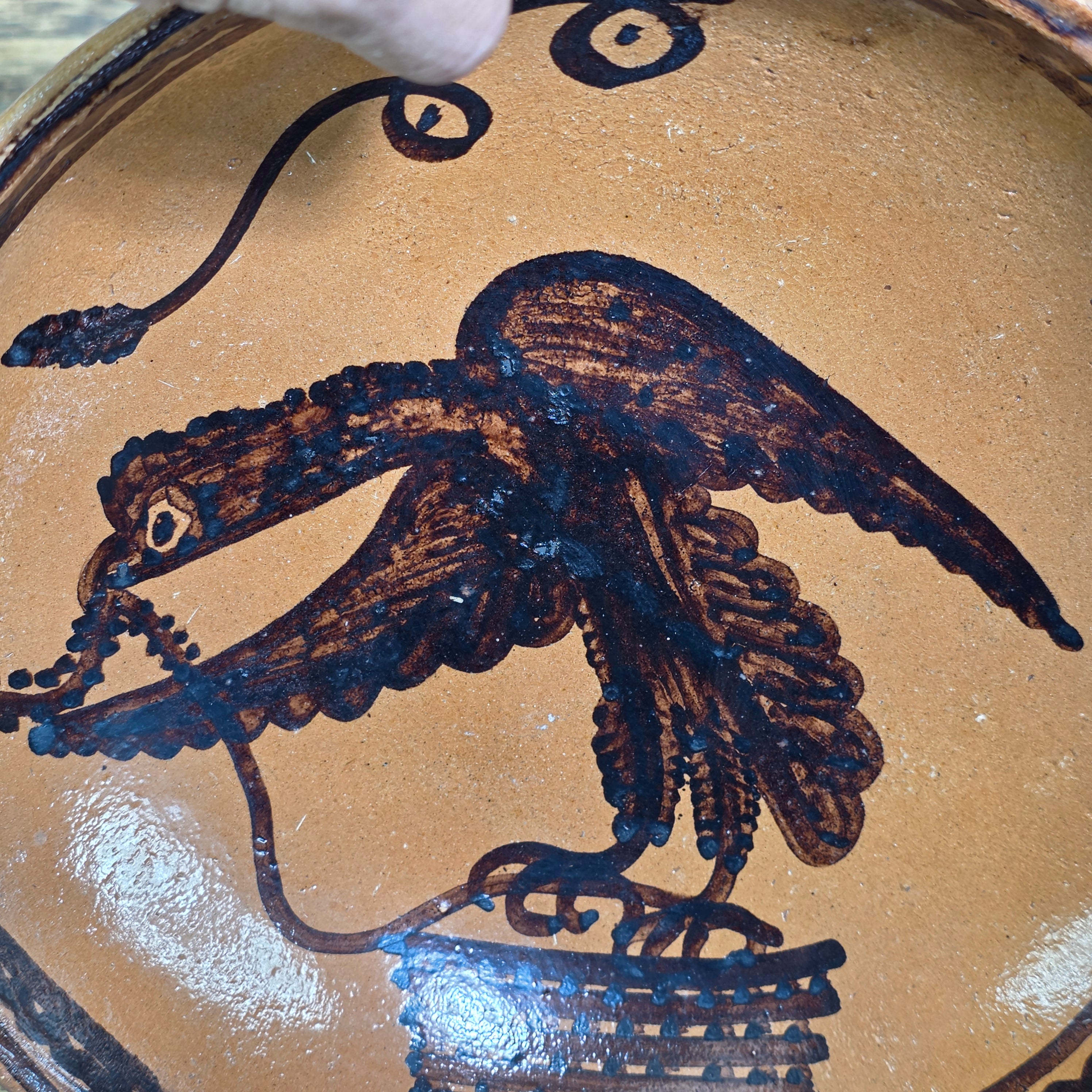 Vintage Mexican Folk Art Pottery Redware Terracotta Bowl Eagle Snake Mexico Coat