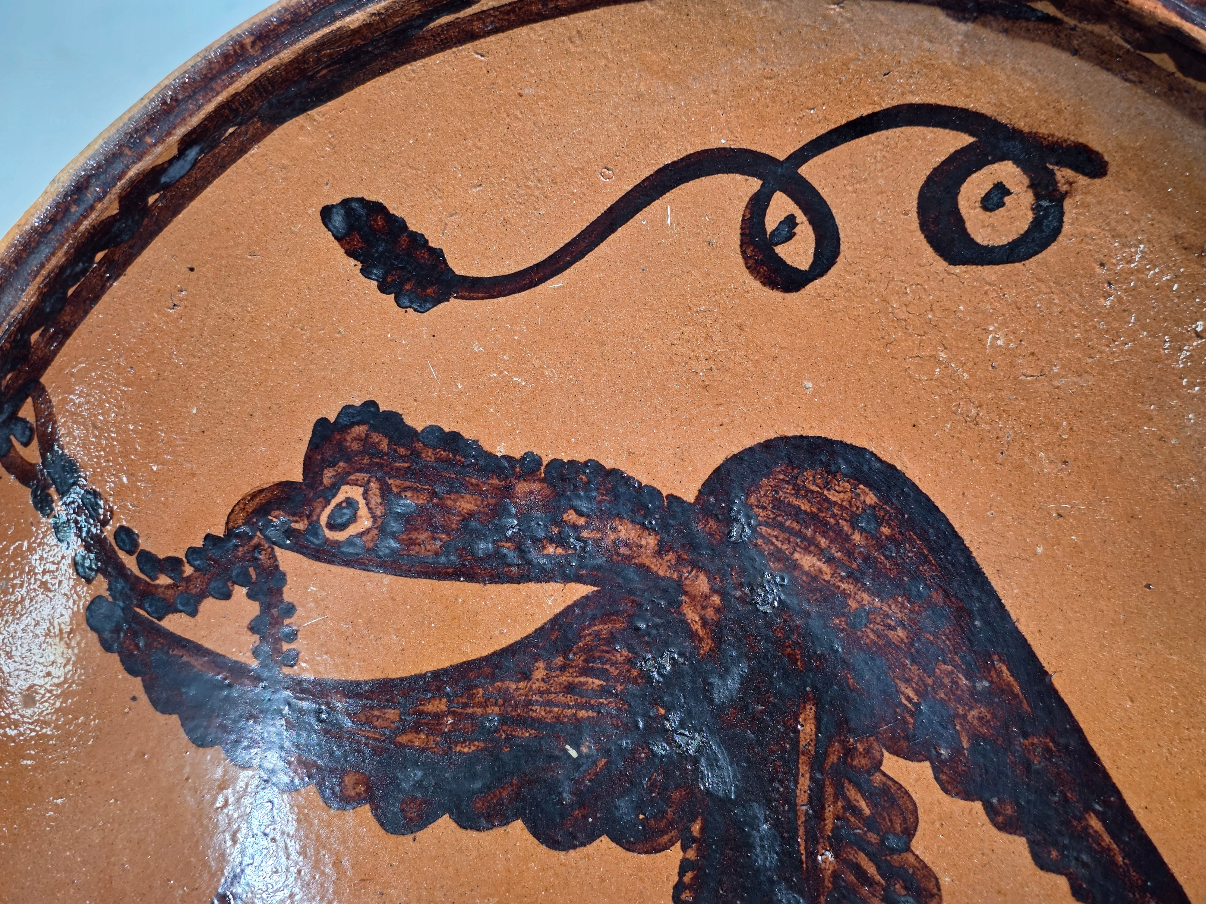 Vintage Mexican Folk Art Pottery Redware Terracotta Bowl Eagle Snake Mexico Coat