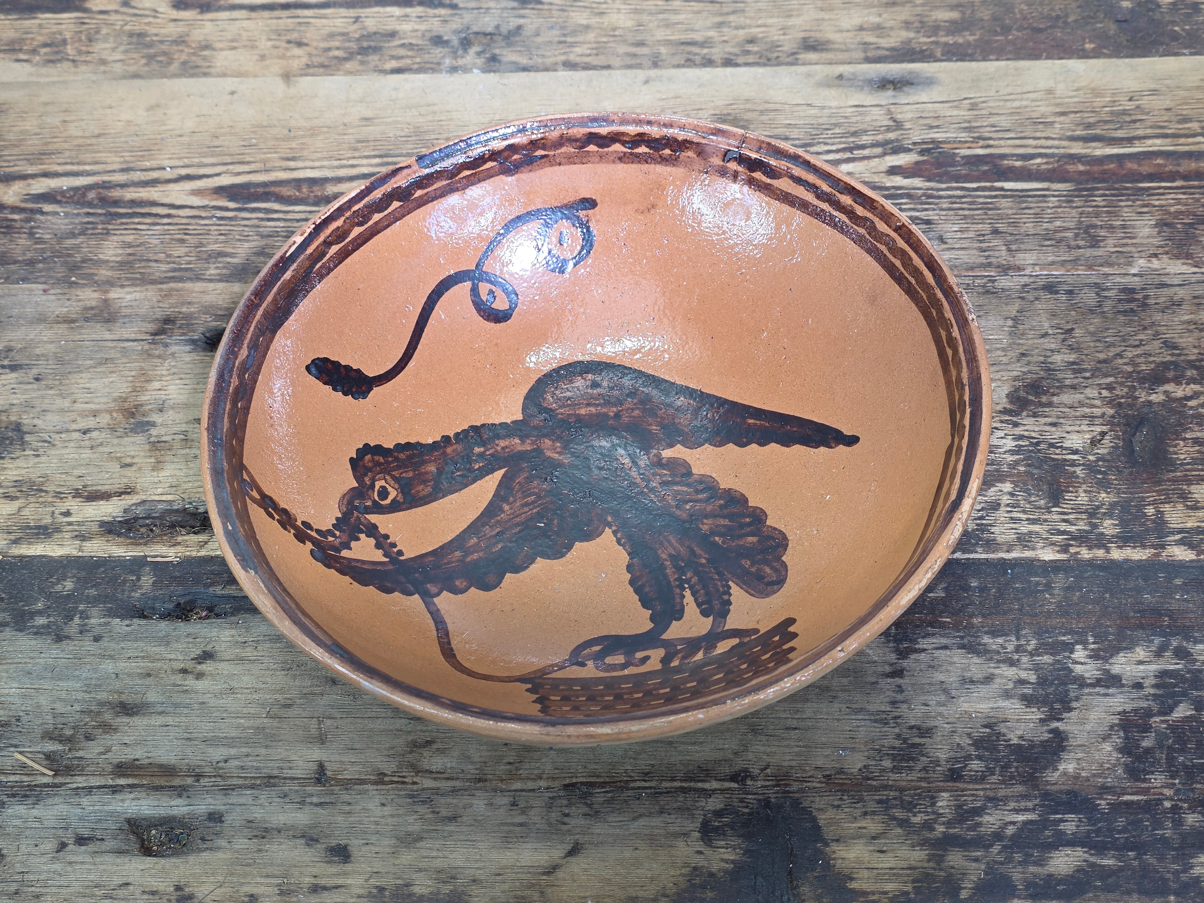 Vintage Mexican Folk Art Pottery Redware Terracotta Bowl Eagle Snake Mexico Coat