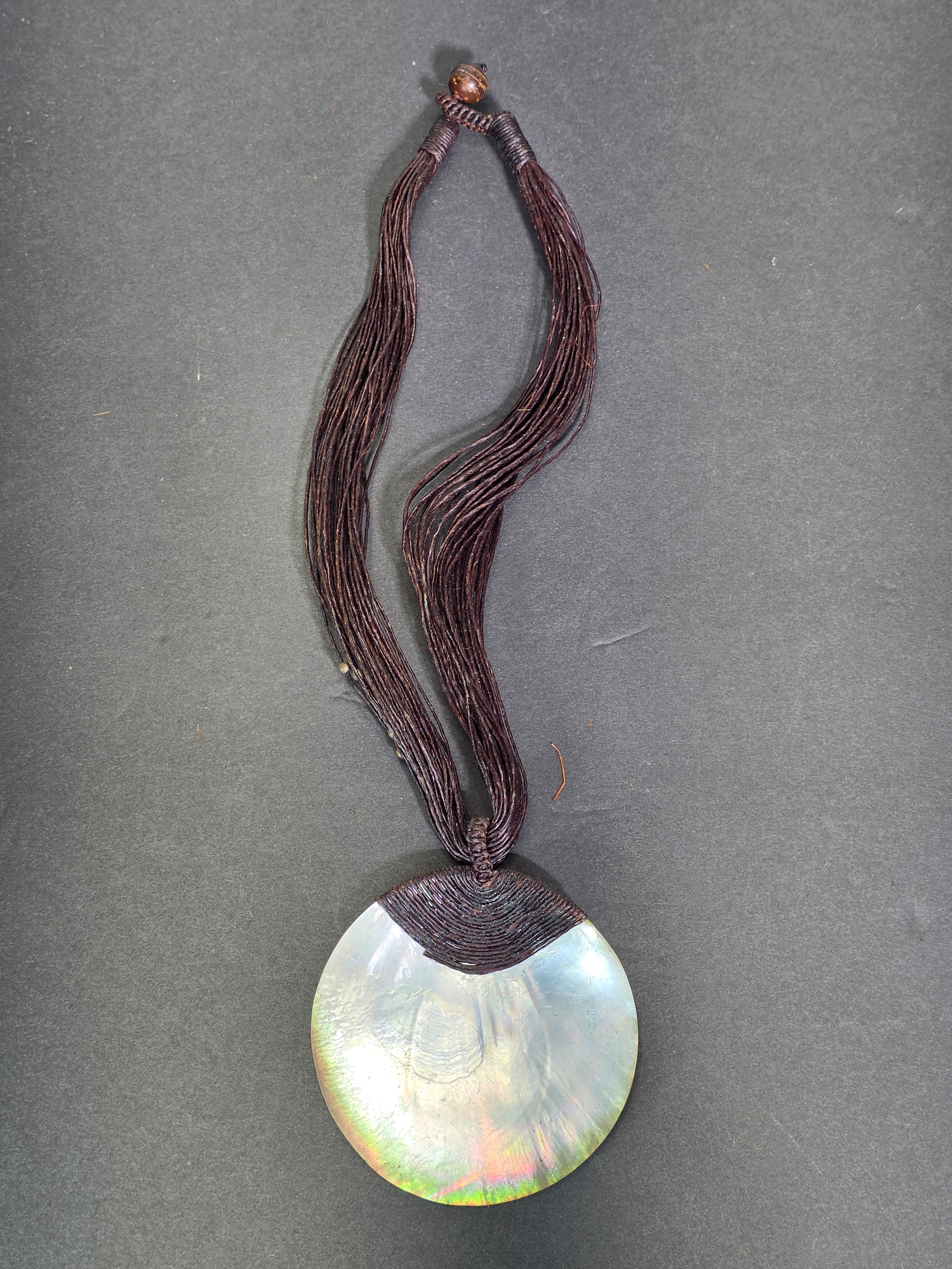 Vintage Mother of Pearl Shell Pendant Necklace Multi Strand Cord Boho Choker 19"