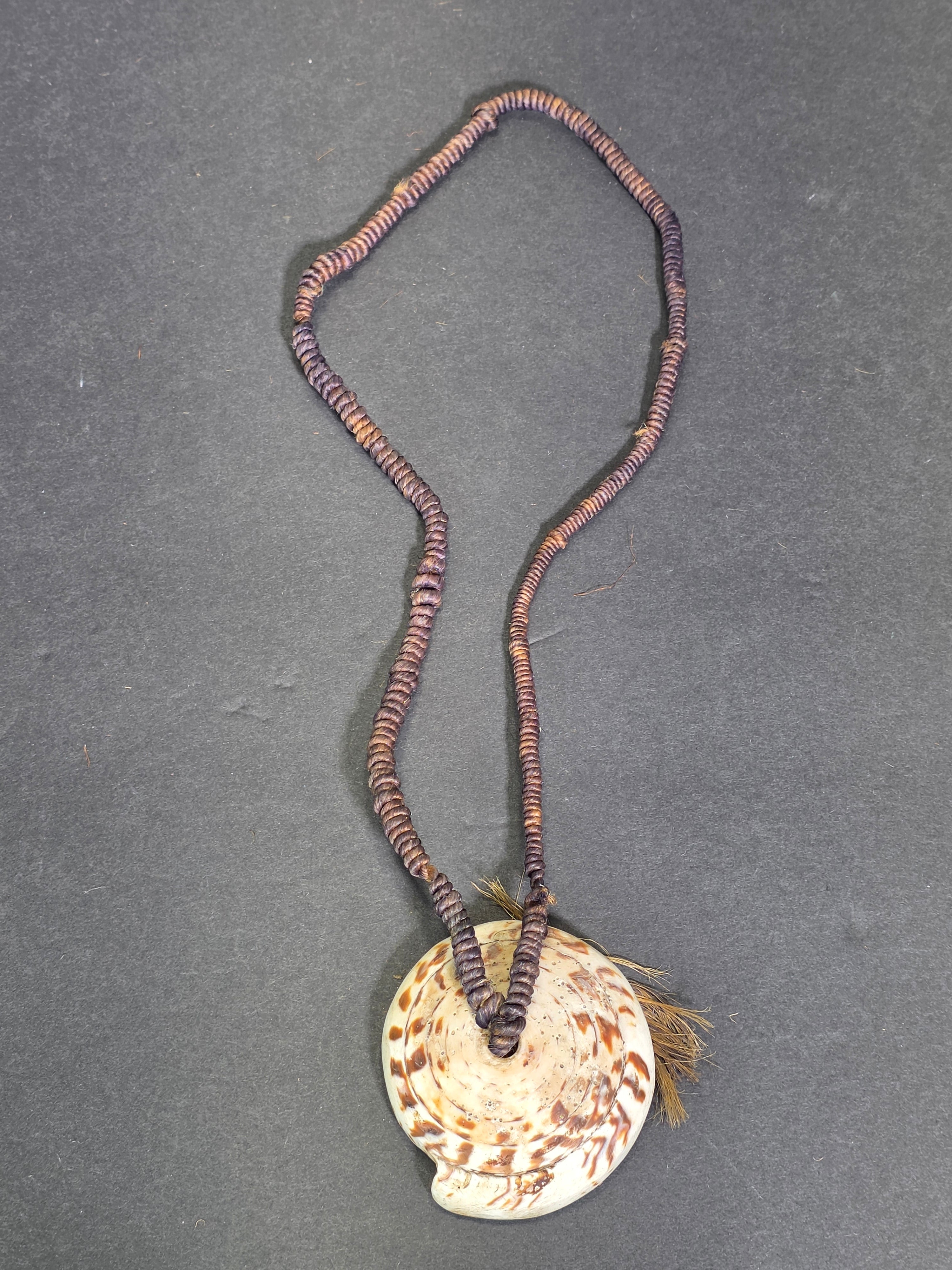 Vintage Tribal Conus Shell Top Pendant Necklace Macrame Cord Tassel Boho 24"
