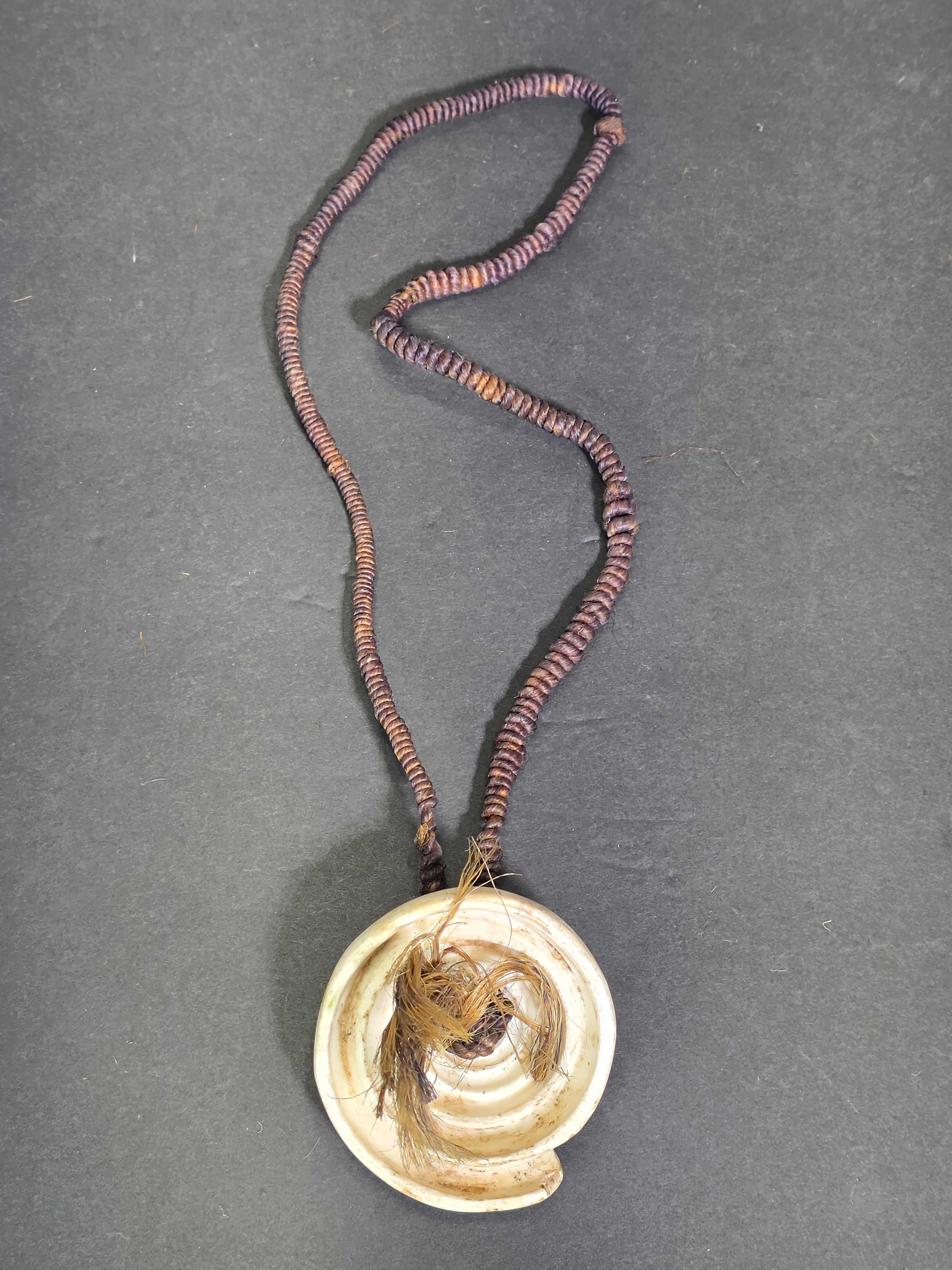 Vintage Tribal Conus Shell Top Pendant Necklace Macrame Cord Tassel Boho 24"