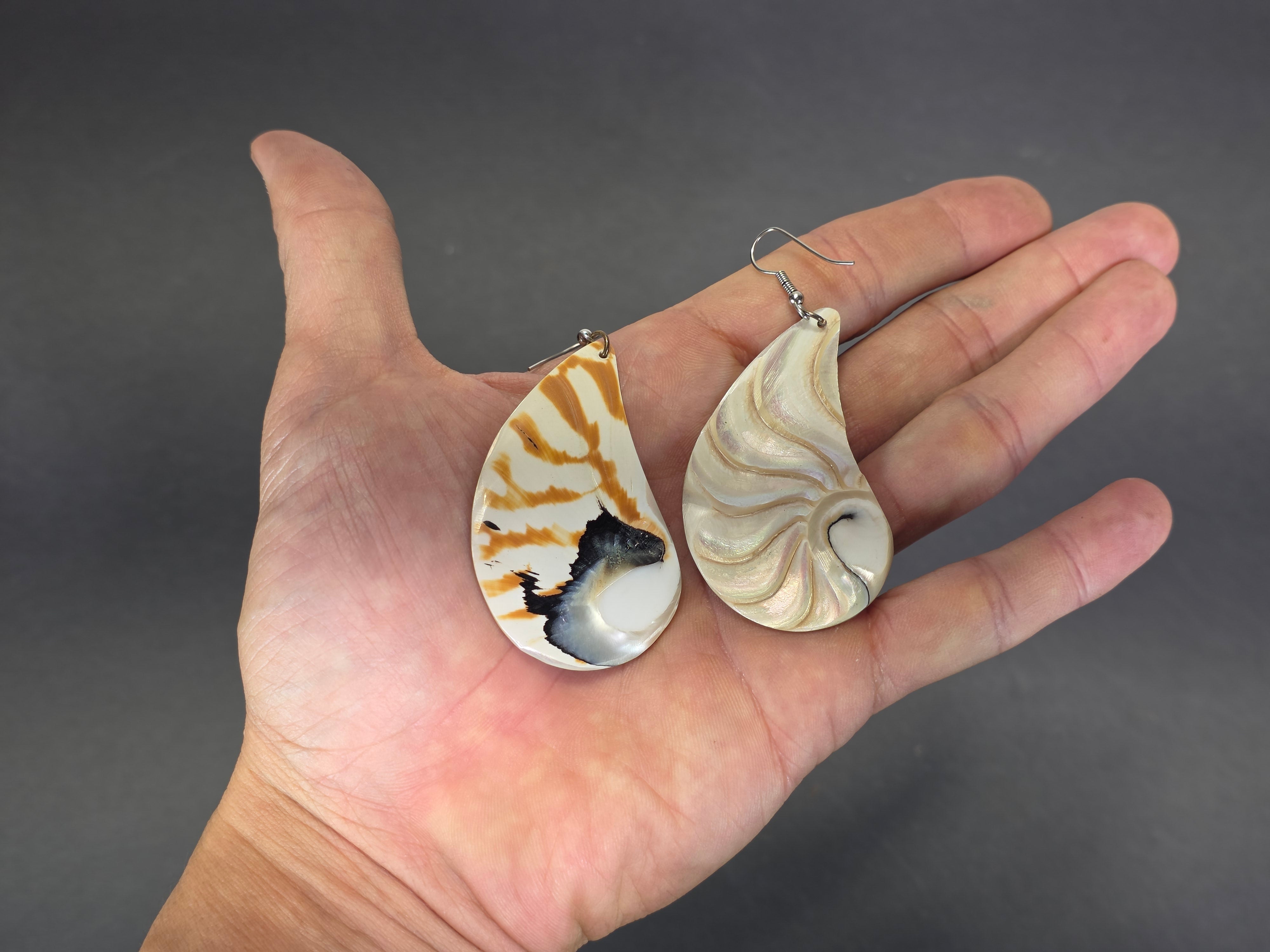 Vintage Nautilus Shell Teardrop Earrings Mother of Pearl Natural Boho Eclectic