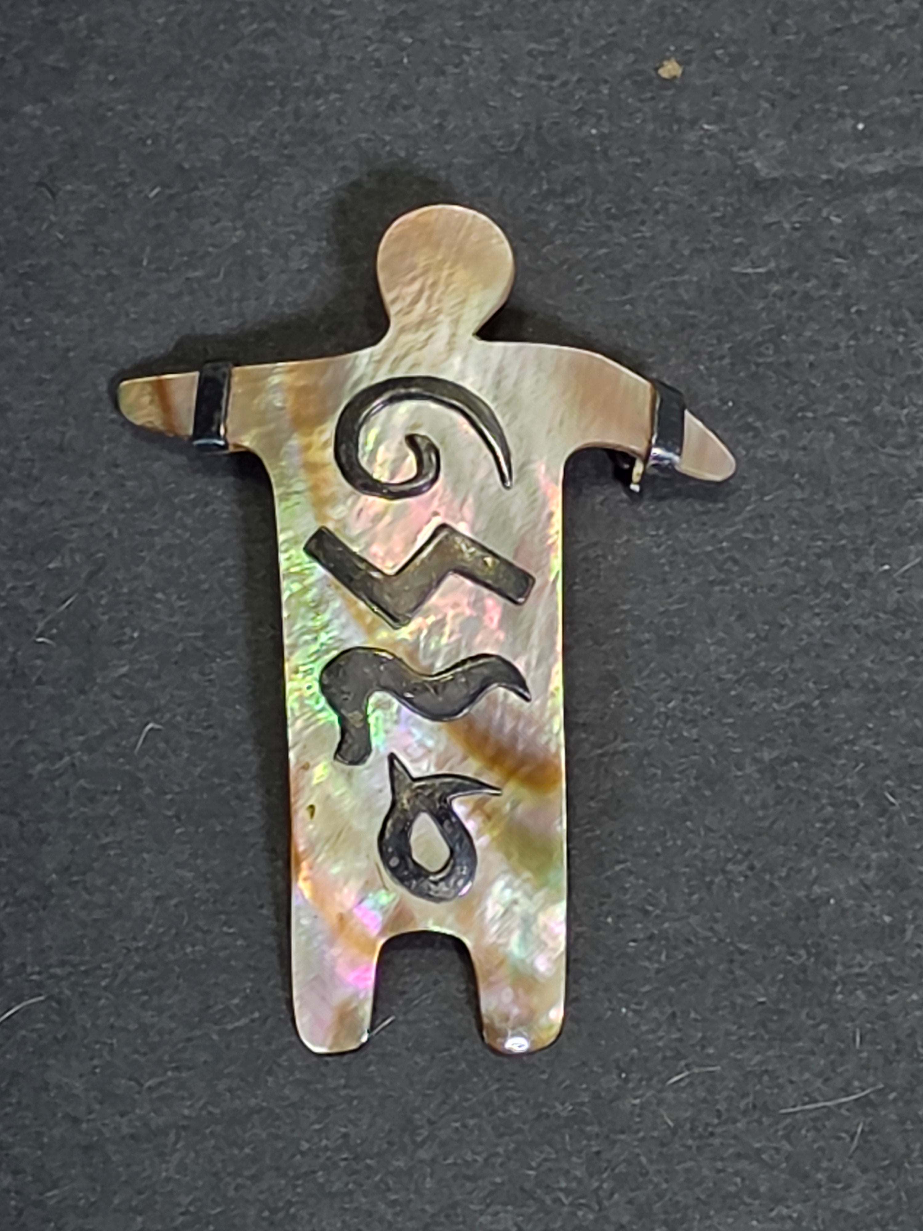 Vintage Zealandia Style 925 Sterling Silver Mother of Pearl Tribal Man Brooch