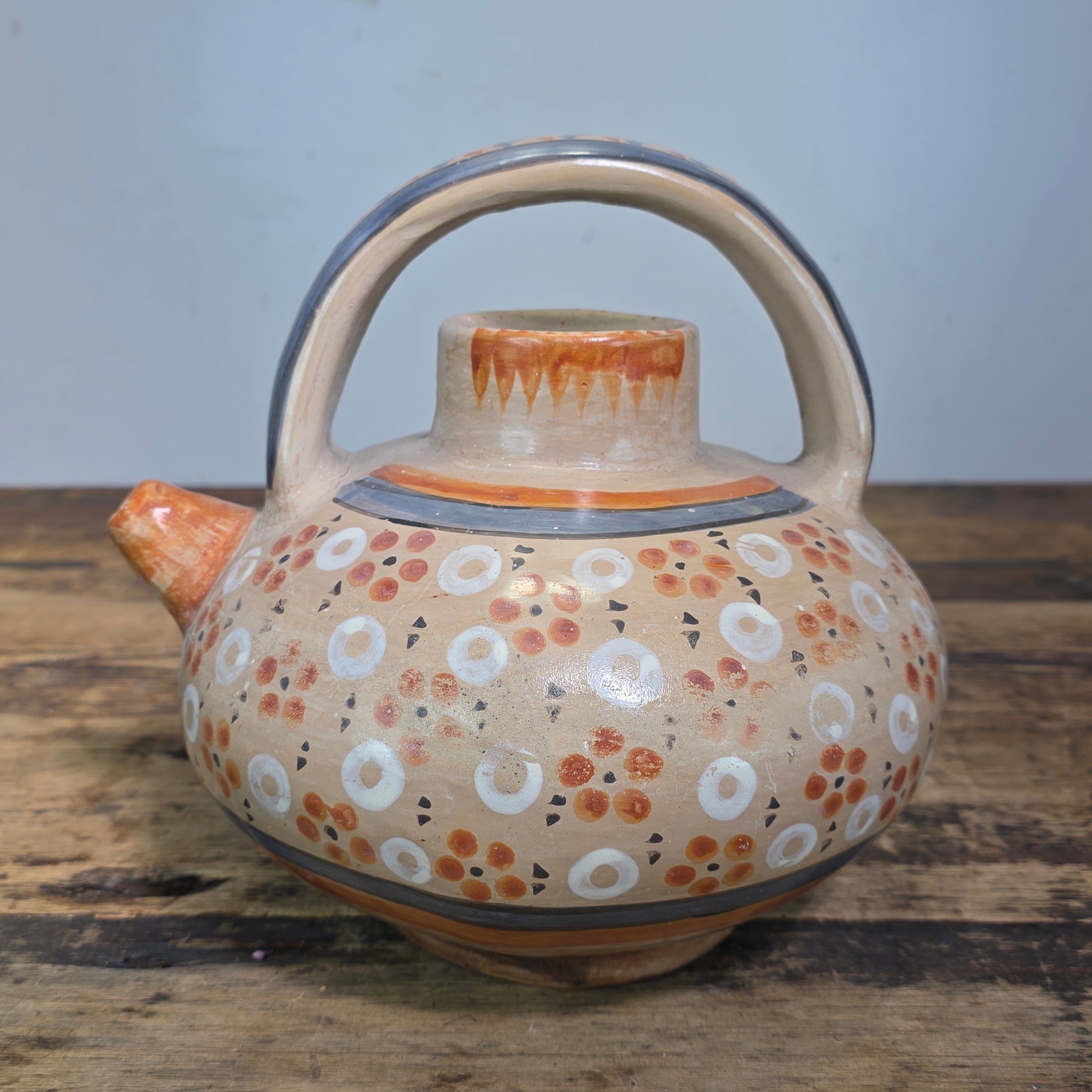 Vintage Mexican Tonala Clay Botijo Cantaro Water Jug Folk Art Hand Painted