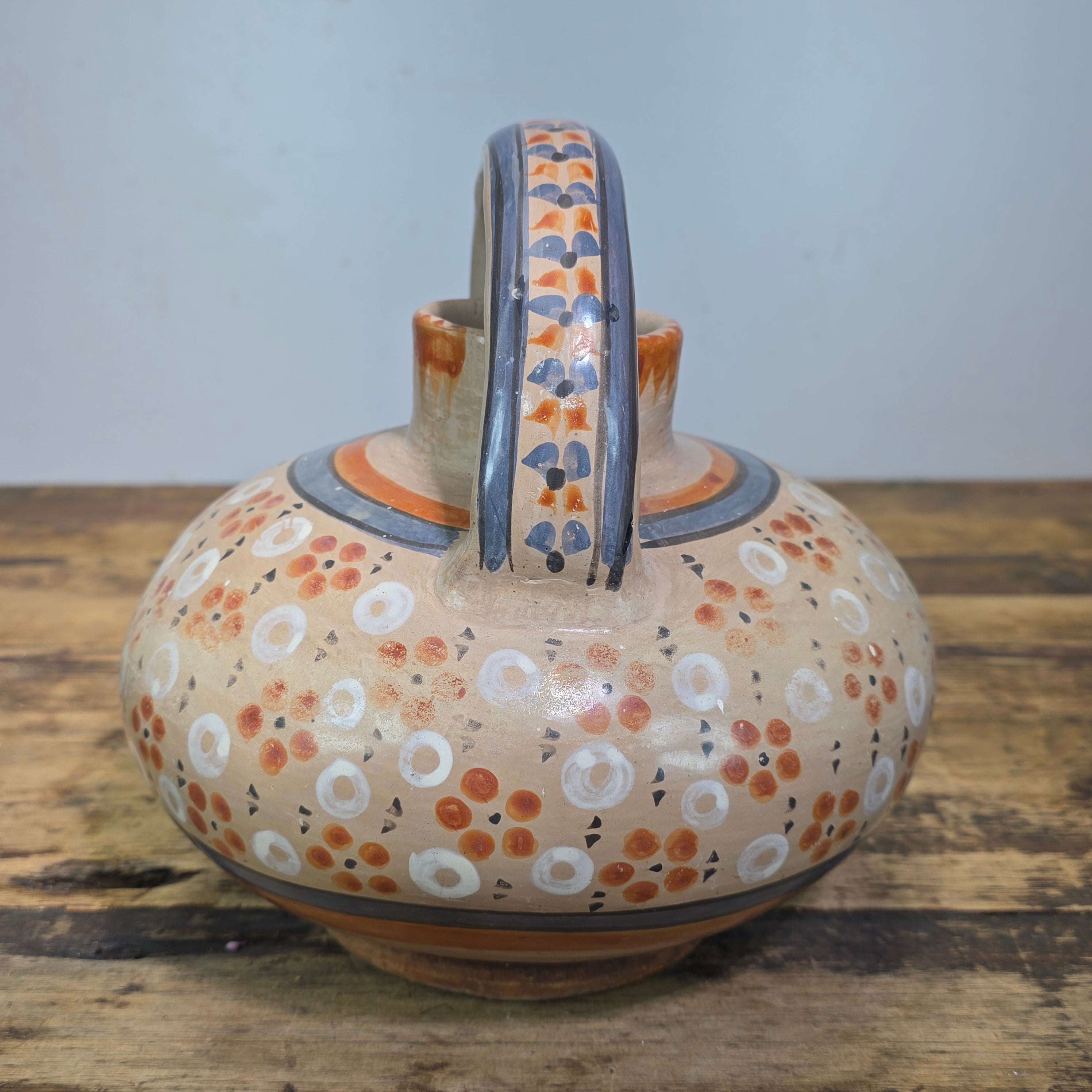 Vintage Mexican Tonala Clay Botijo Cantaro Water Jug Folk Art Hand Painted