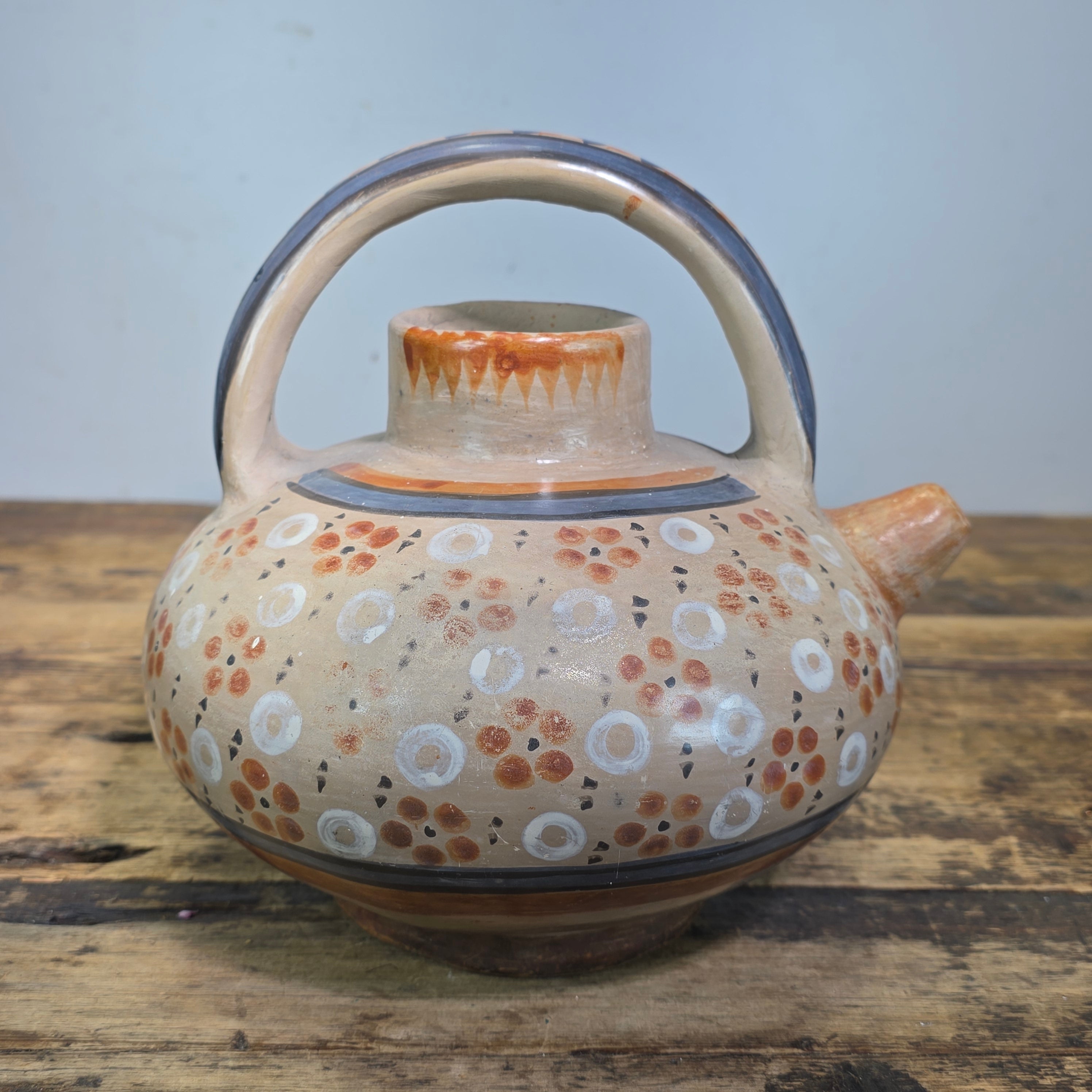 Vintage Mexican Tonala Clay Botijo Cantaro Water Jug Folk Art Hand Painted