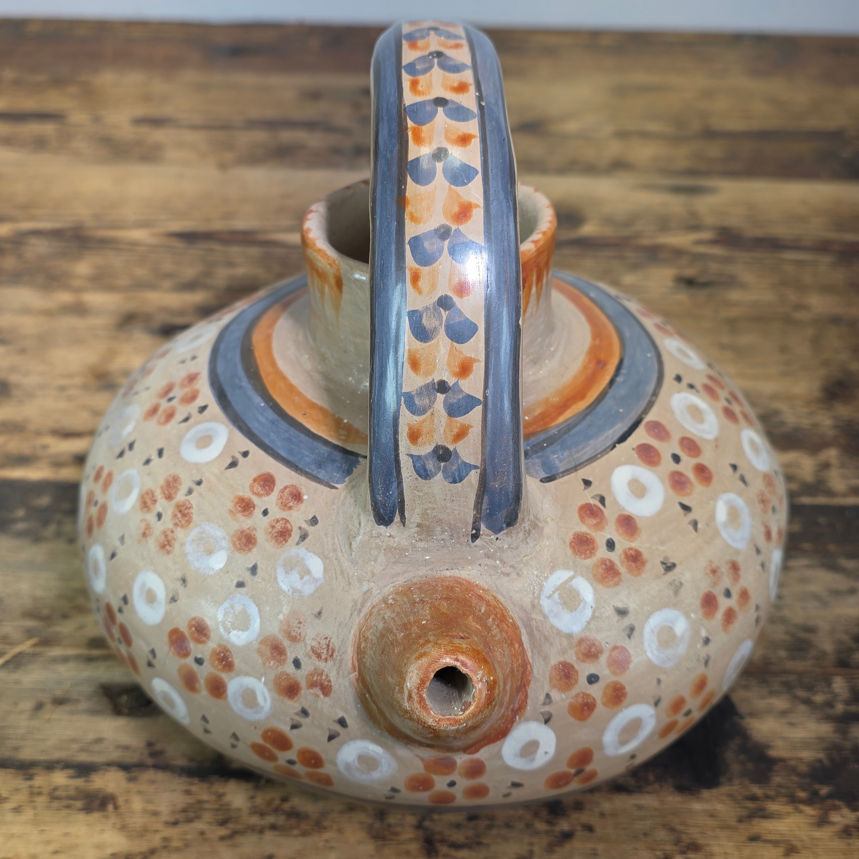 Vintage Mexican Tonala Clay Botijo Cantaro Water Jug Folk Art Hand Painted