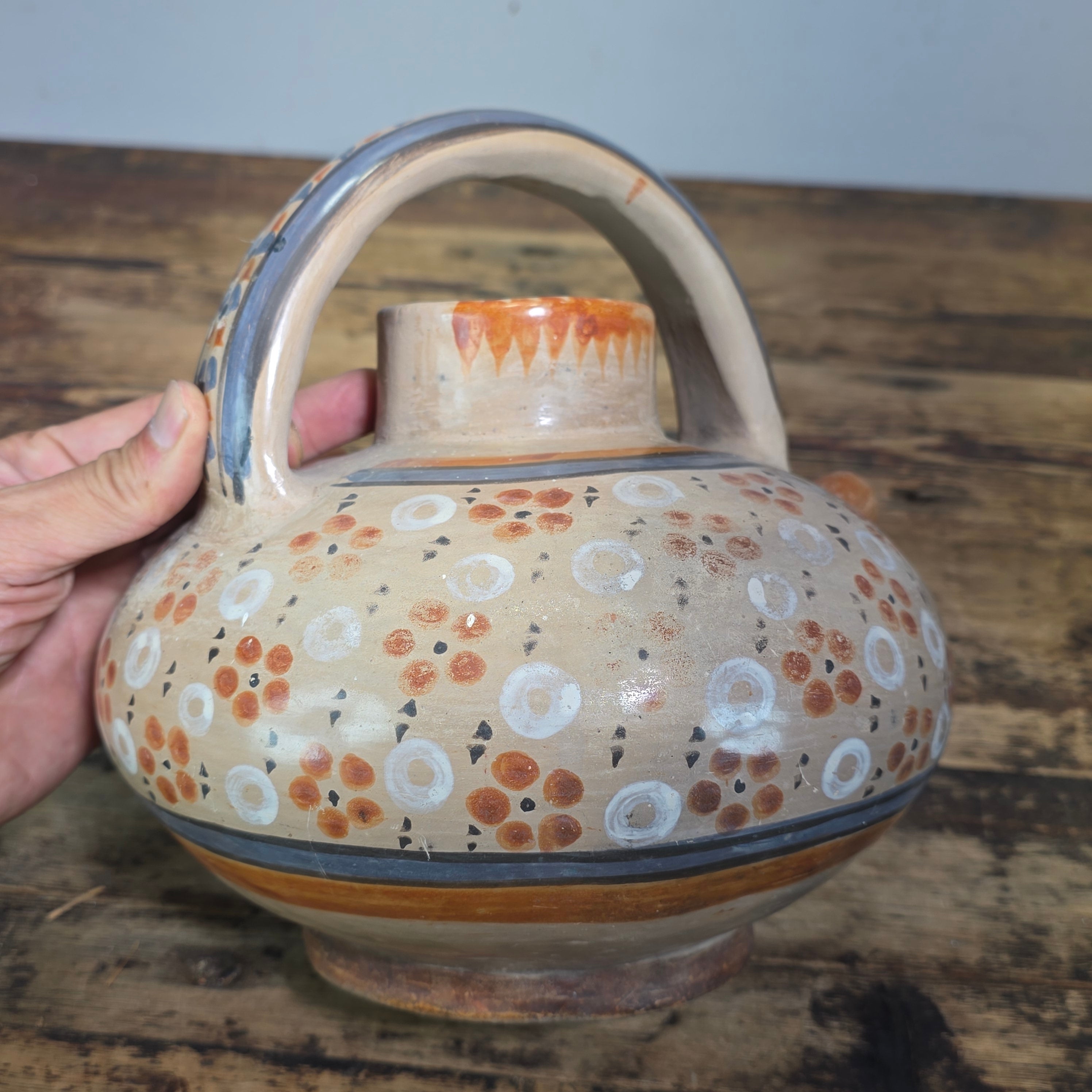 Vintage Mexican Tonala Clay Botijo Cantaro Water Jug Folk Art Hand Painted