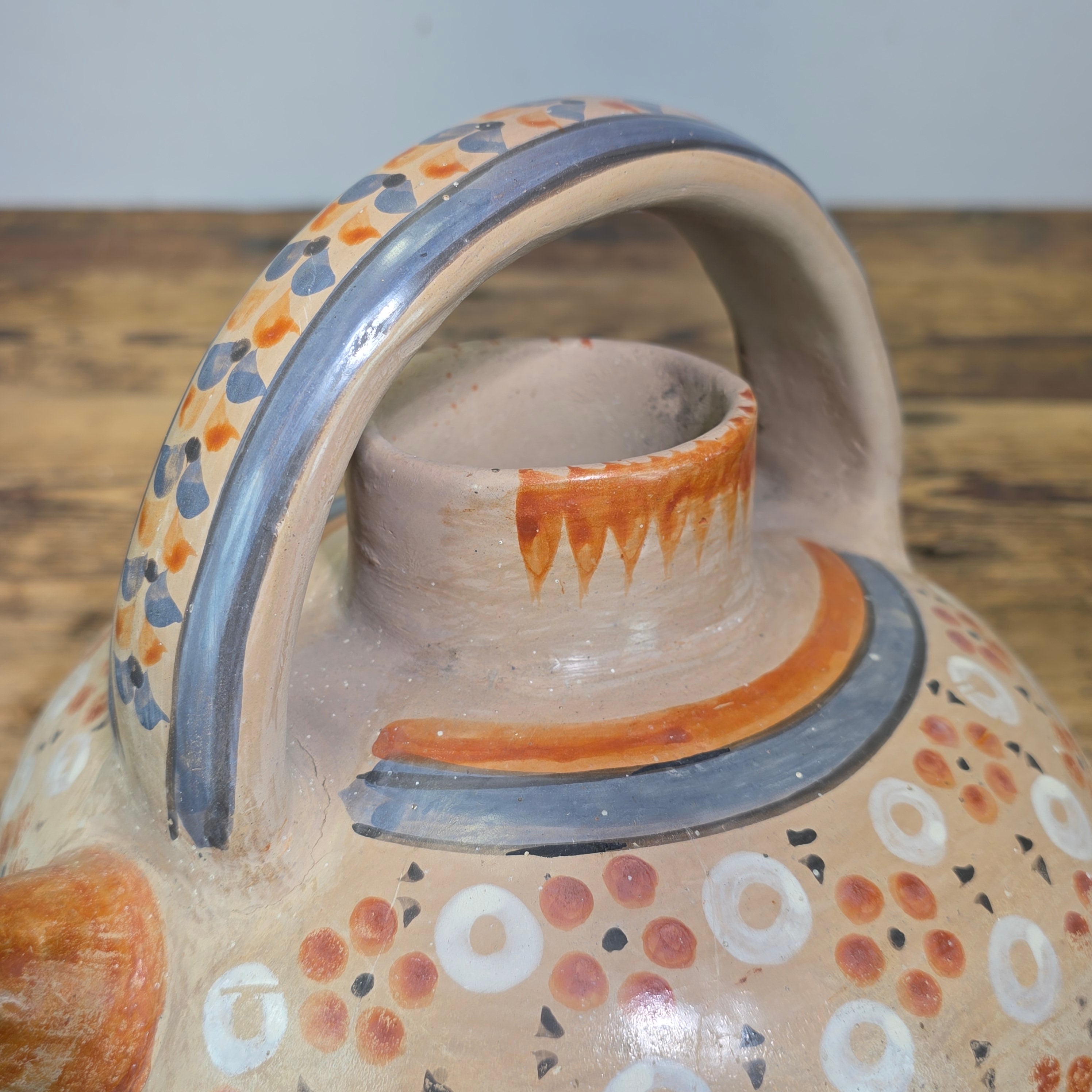 Vintage Mexican Tonala Clay Botijo Cantaro Water Jug Folk Art Hand Painted