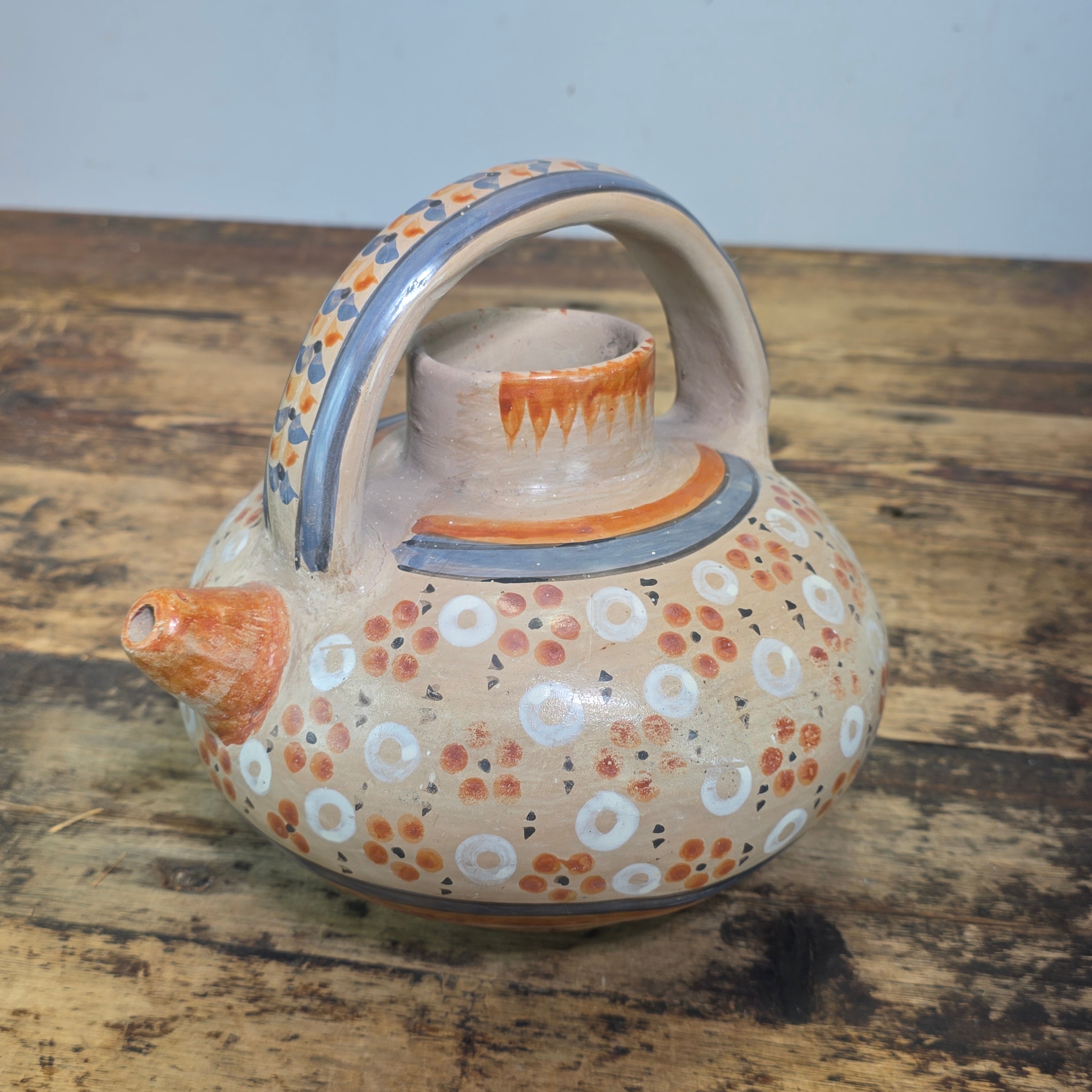 Vintage Mexican Tonala Clay Botijo Cantaro Water Jug Folk Art Hand Painted