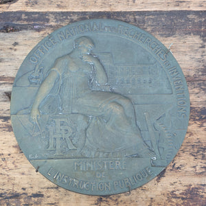 HUGE 8.5" Antique French Art Deco Bronze Wall Plaque Medal Office National Blin