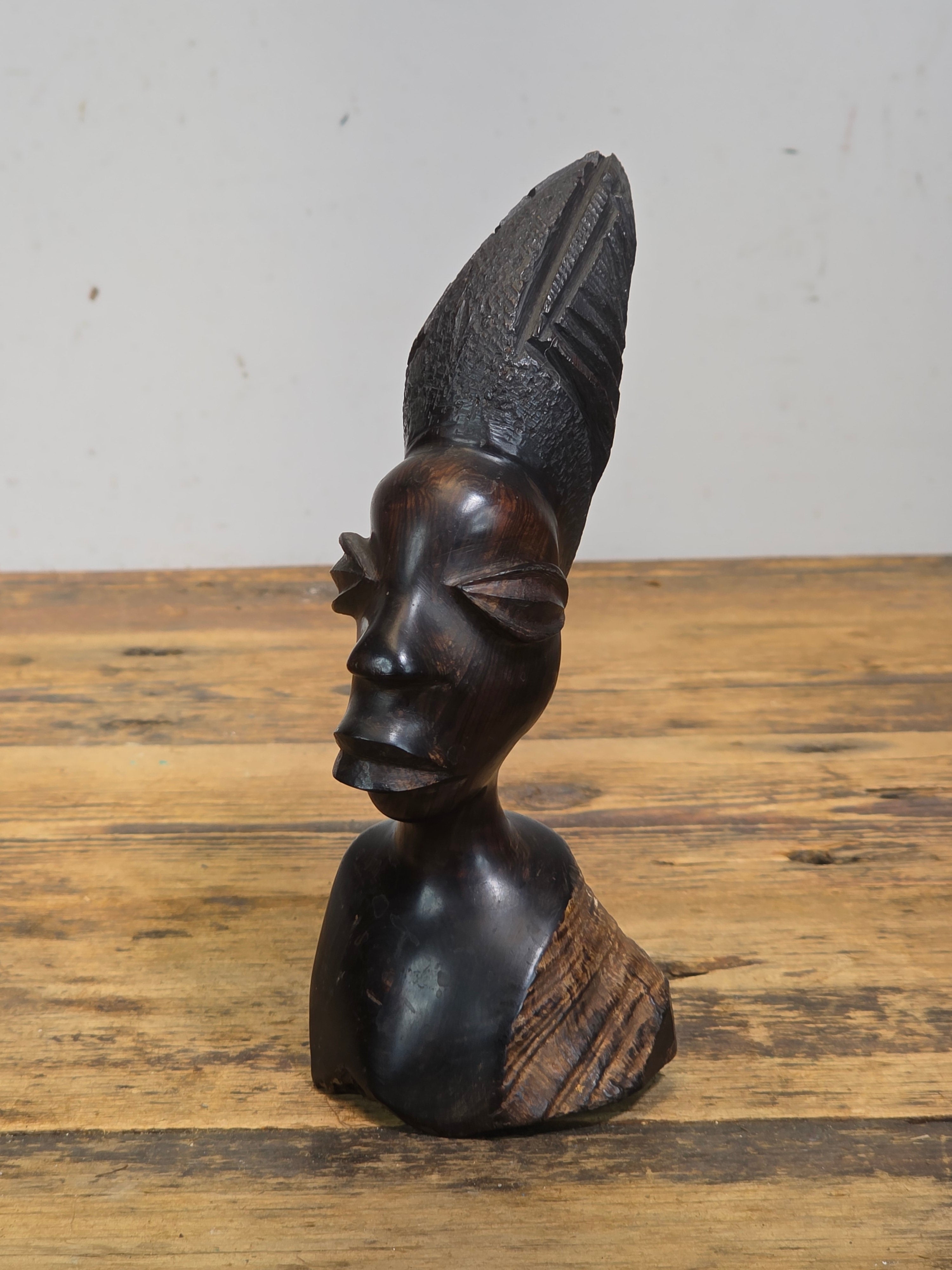 Vintage Makonde African Ebony Wood Carving Female Bust Head Sculpture Tribal Art