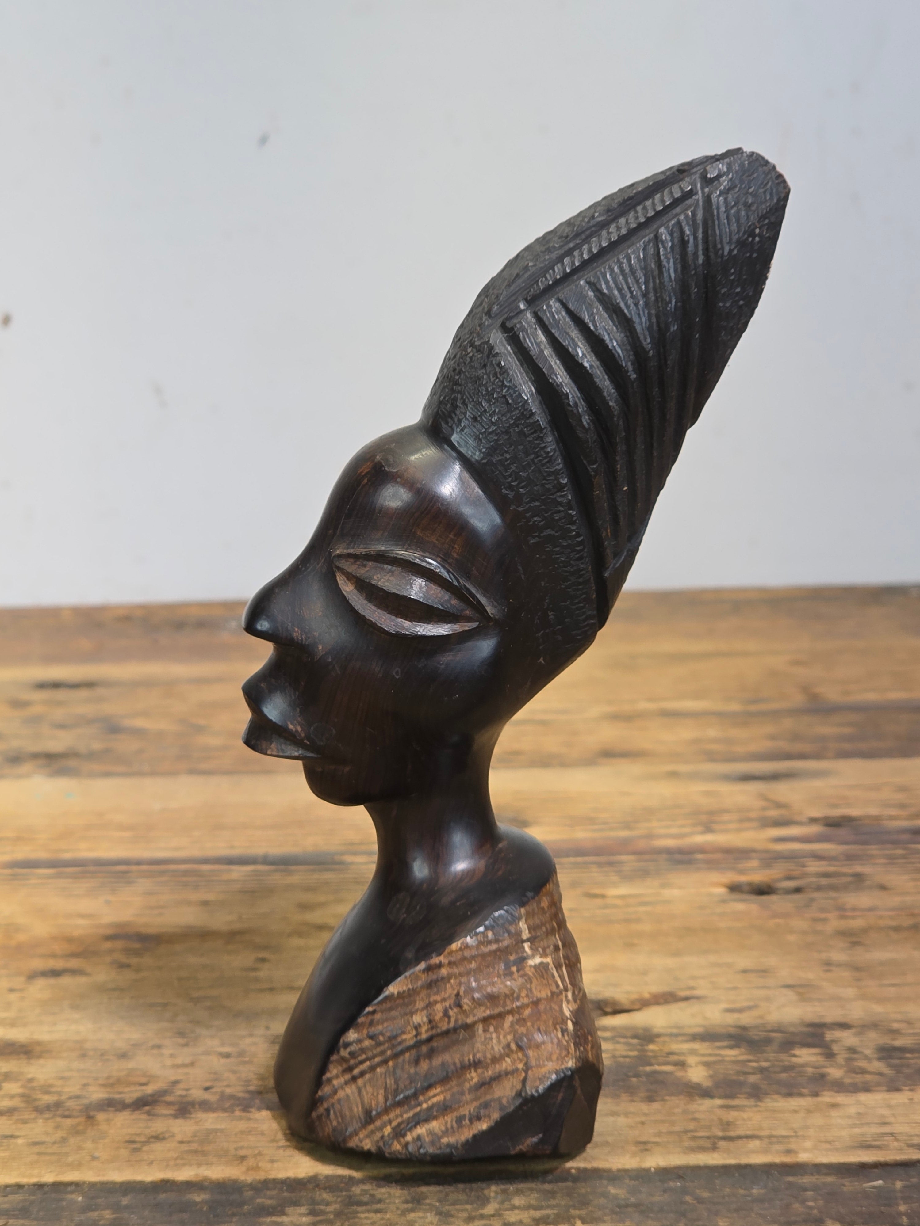 Vintage Makonde African Ebony Wood Carving Female Bust Head Sculpture Tribal Art