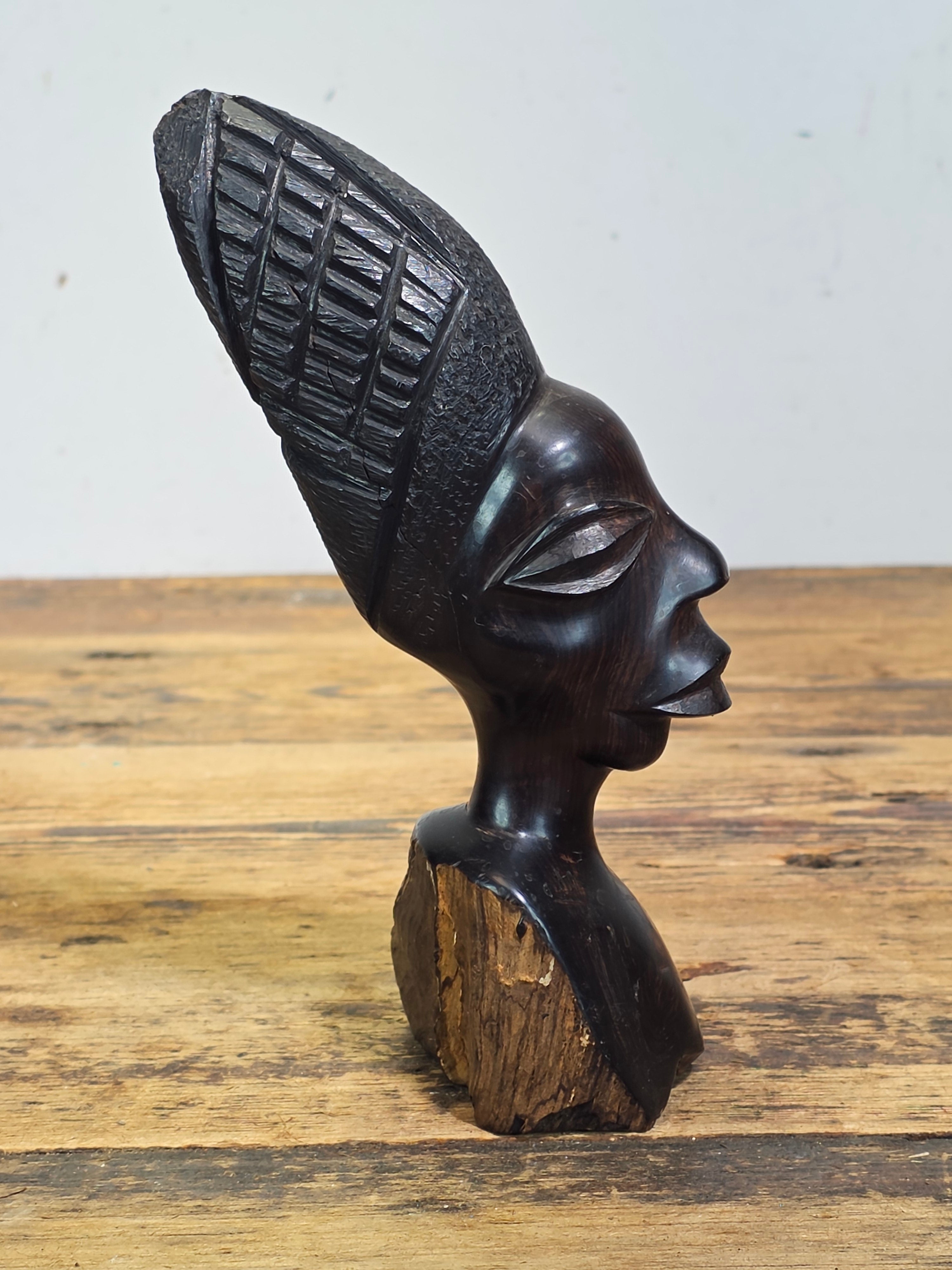 Vintage Makonde African Ebony Wood Carving Female Bust Head Sculpture Tribal Art