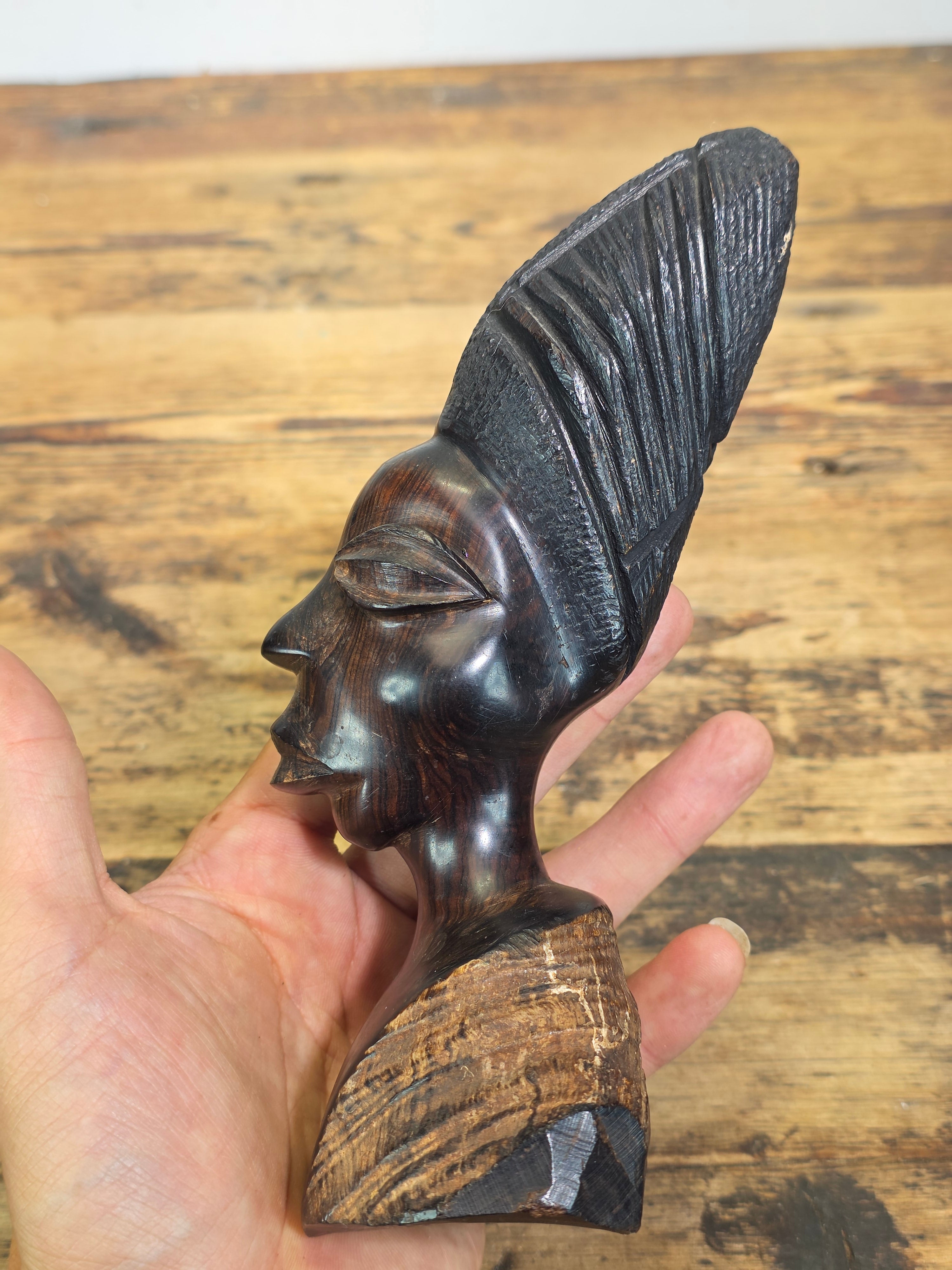Vintage Makonde African Ebony Wood Carving Female Bust Head Sculpture Tribal Art
