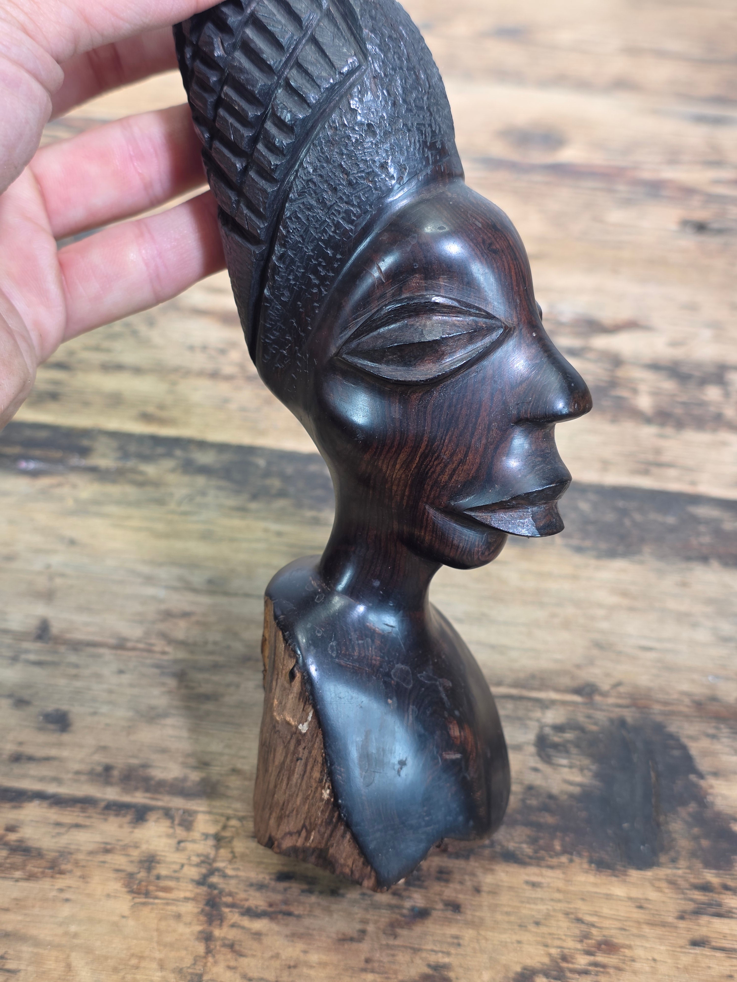 Vintage Makonde African Ebony Wood Carving Female Bust Head Sculpture Tribal Art
