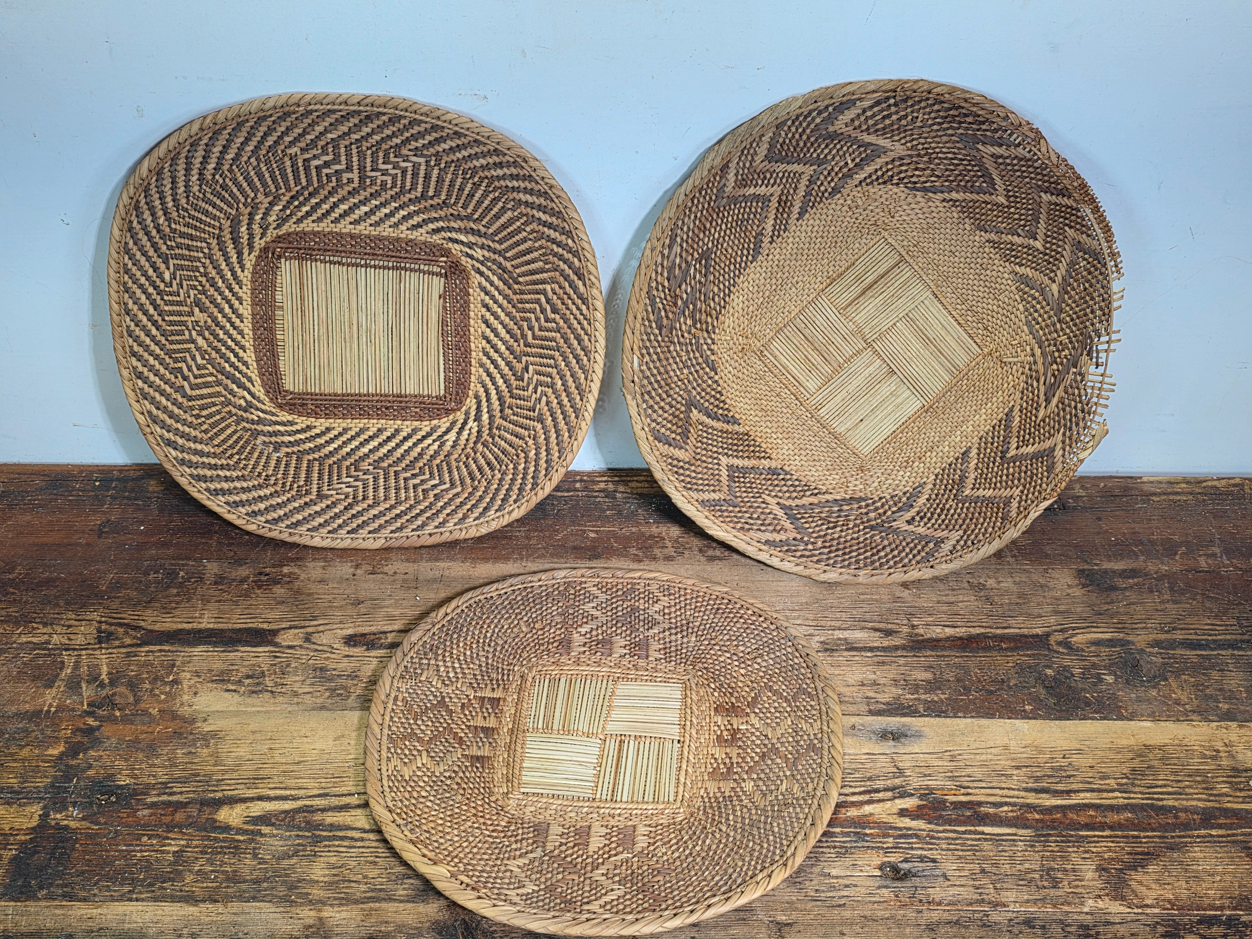 3pc Vintage Tonga Binga Basket Set African Wall Decor Woven Winnowing Platter
