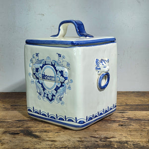 J Peterman Italy Majolica Biscotti Jar Vintage Ceramic Blue White Lion Cookie