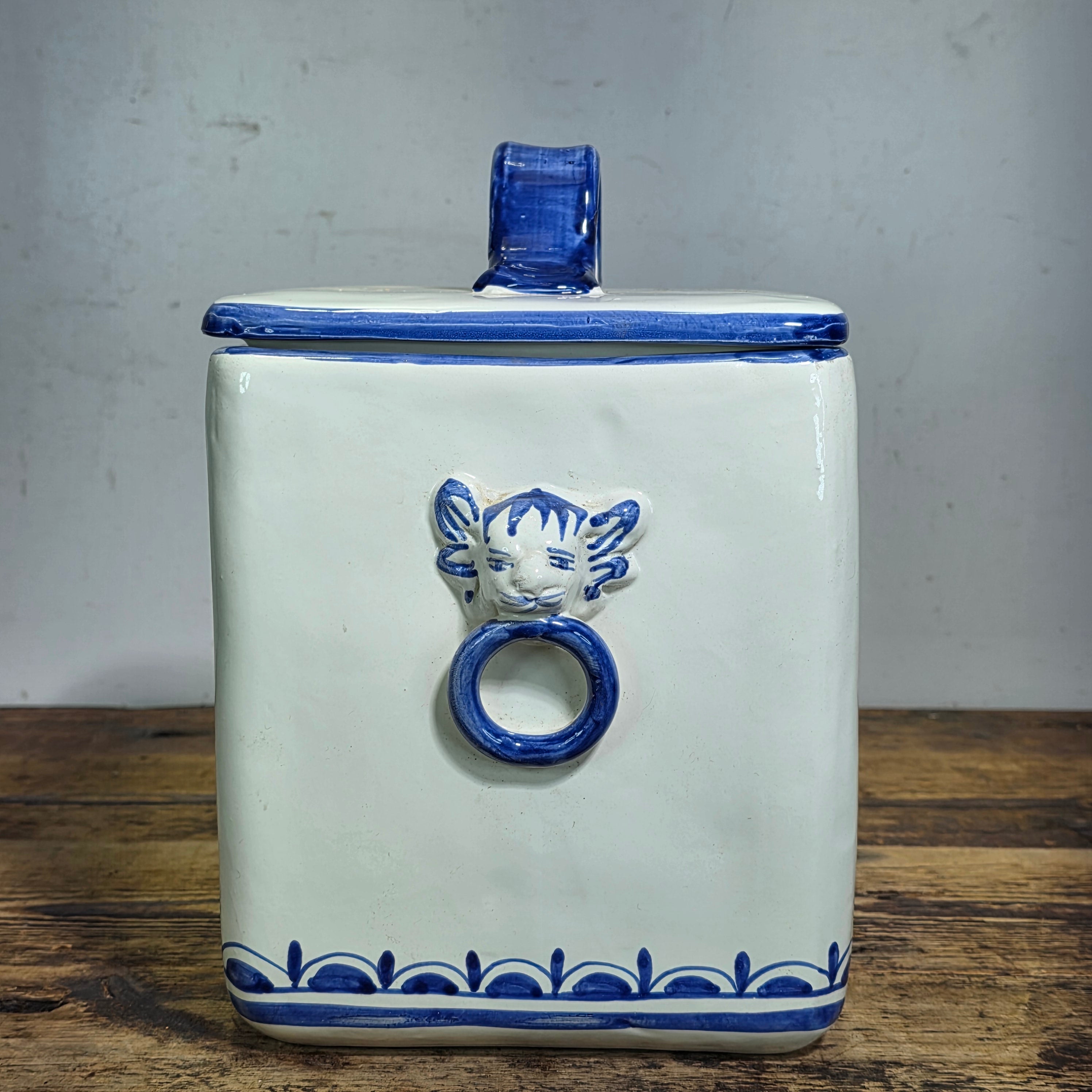 J Peterman Italy Majolica Biscotti Jar Vintage Ceramic Blue White Lion Cookie
