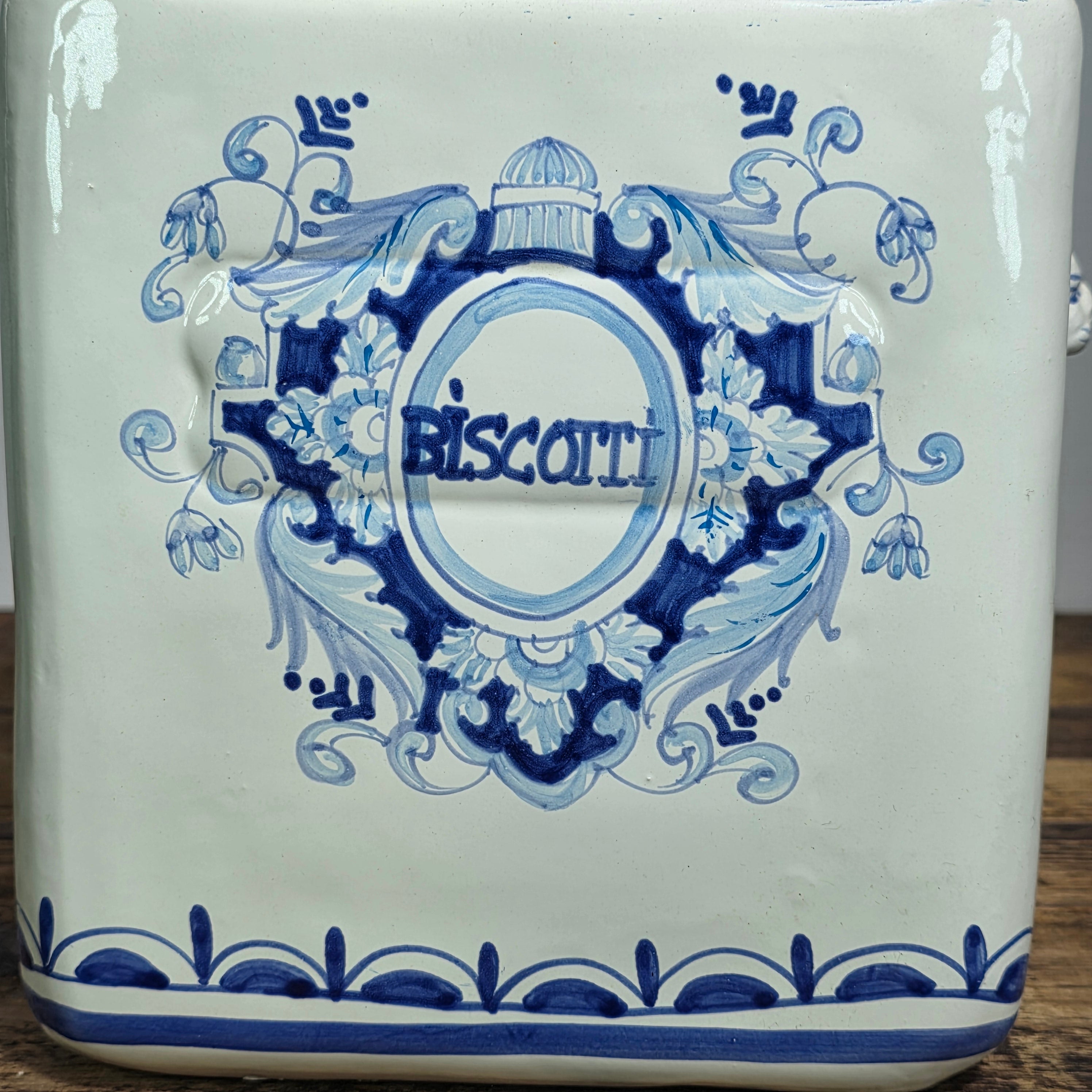 J Peterman Italy Majolica Biscotti Jar Vintage Ceramic Blue White Lion Cookie