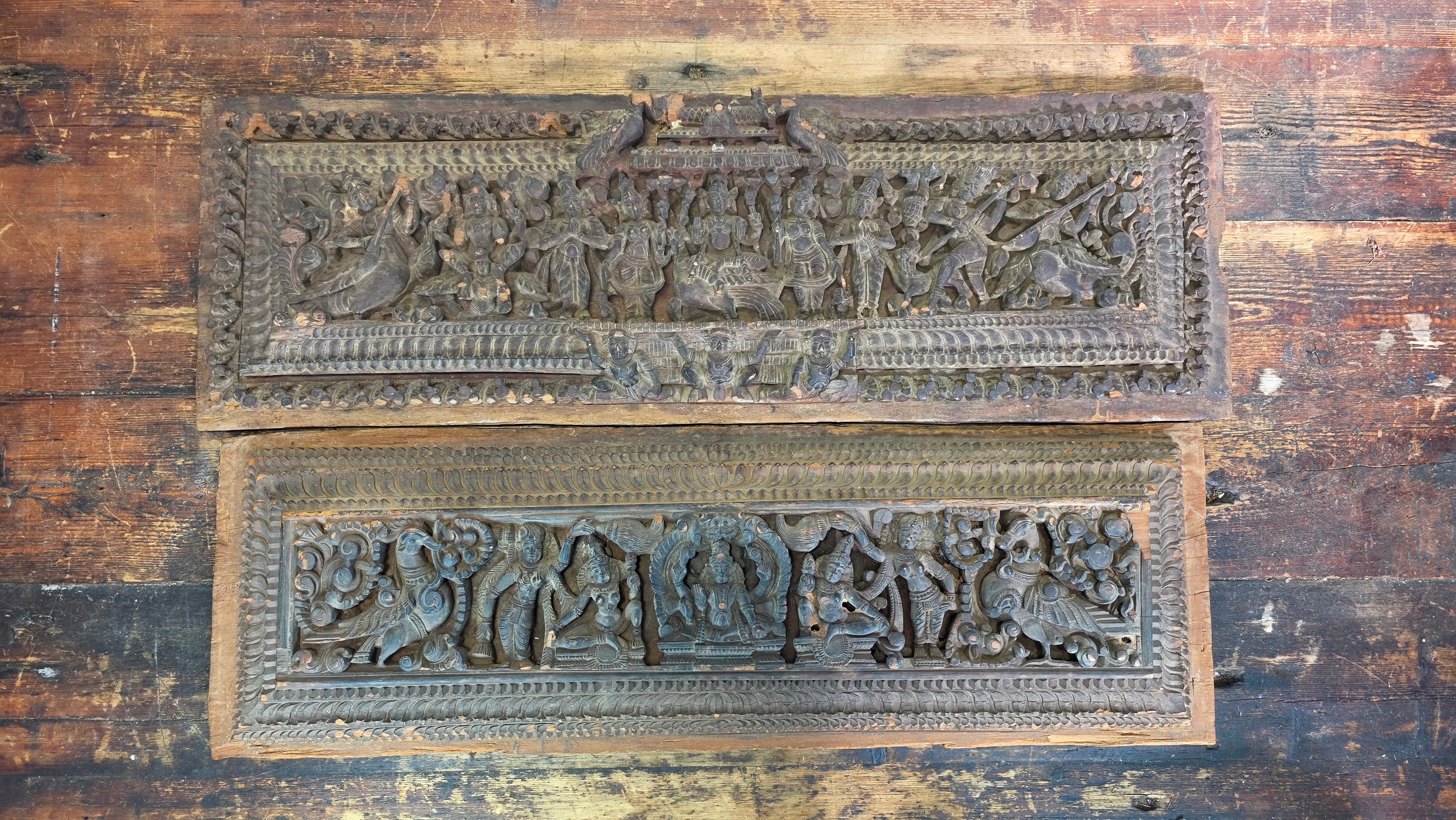 Antique India Wooden Panel Pair Lintel Carved Teak Temple Vishnu Wall Decor 2pc
