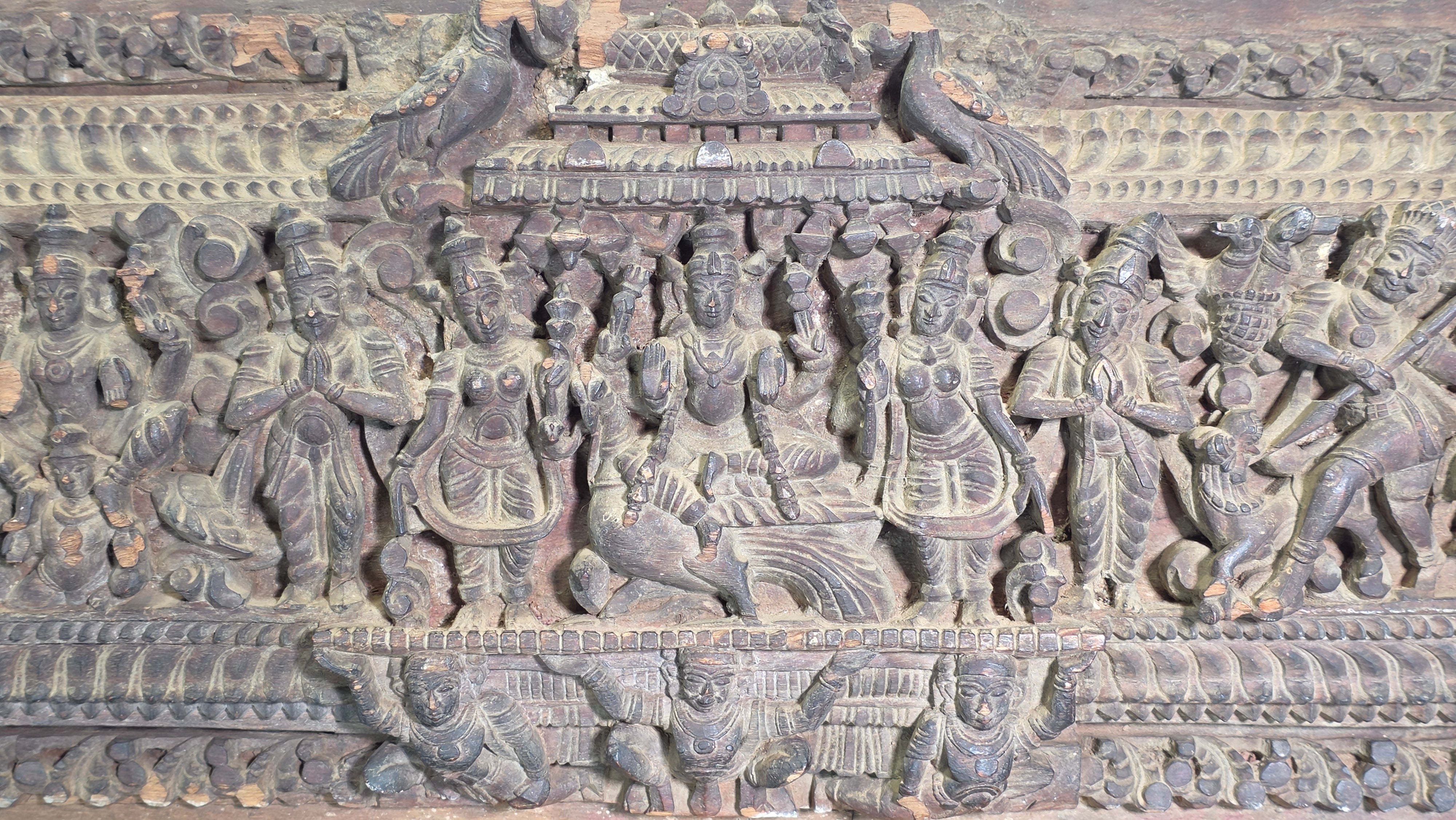 Antique India Wooden Panel Pair Lintel Carved Teak Temple Vishnu Wall Decor 2pc