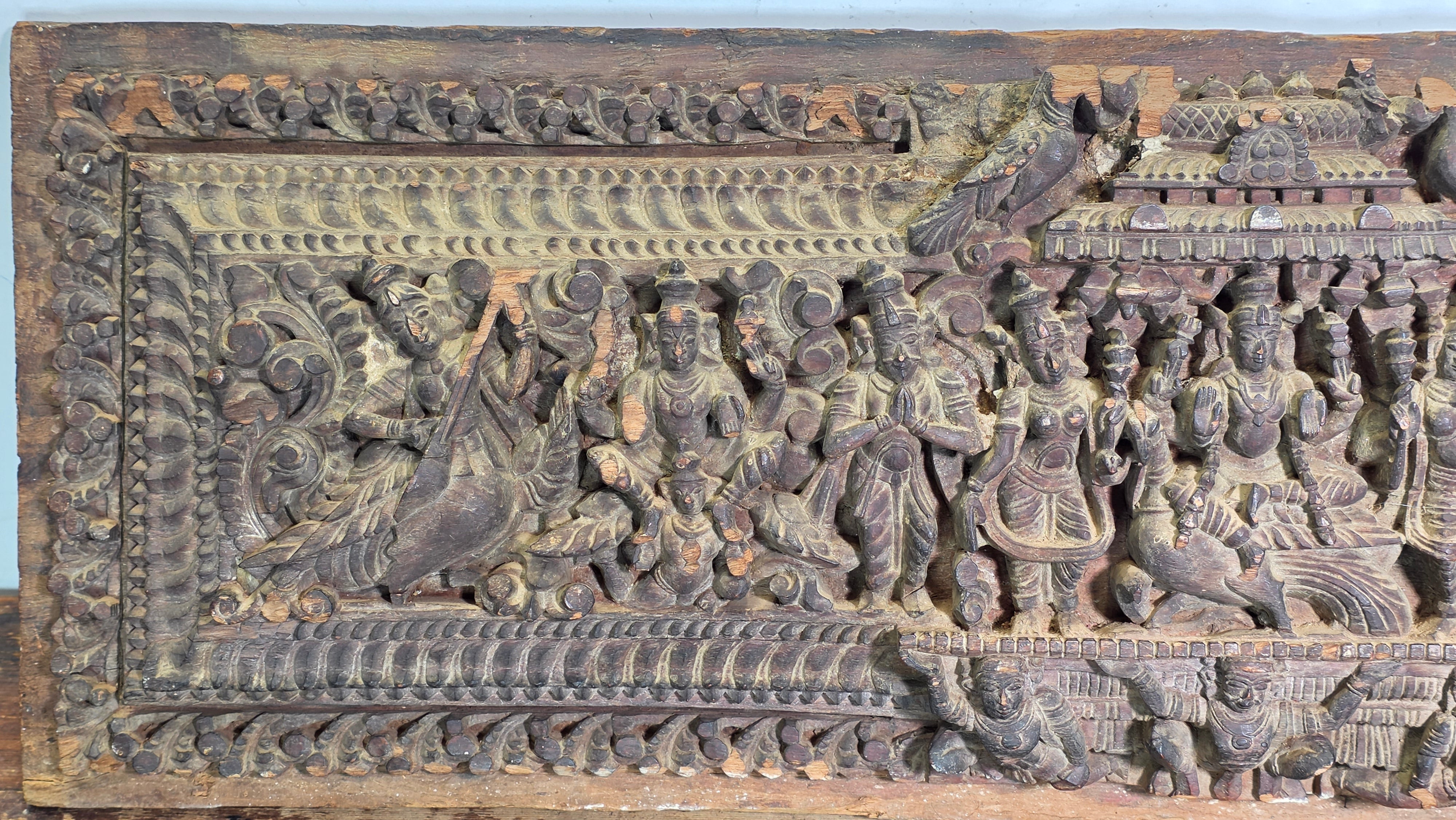 Antique India Wooden Panel Pair Lintel Carved Teak Temple Vishnu Wall Decor 2pc