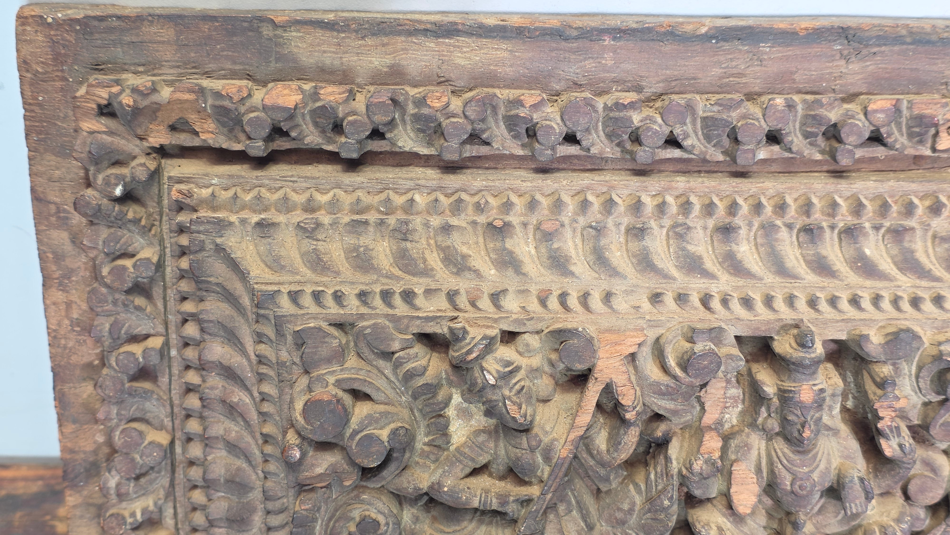 Antique India Wooden Panel Pair Lintel Carved Teak Temple Vishnu Wall Decor 2pc