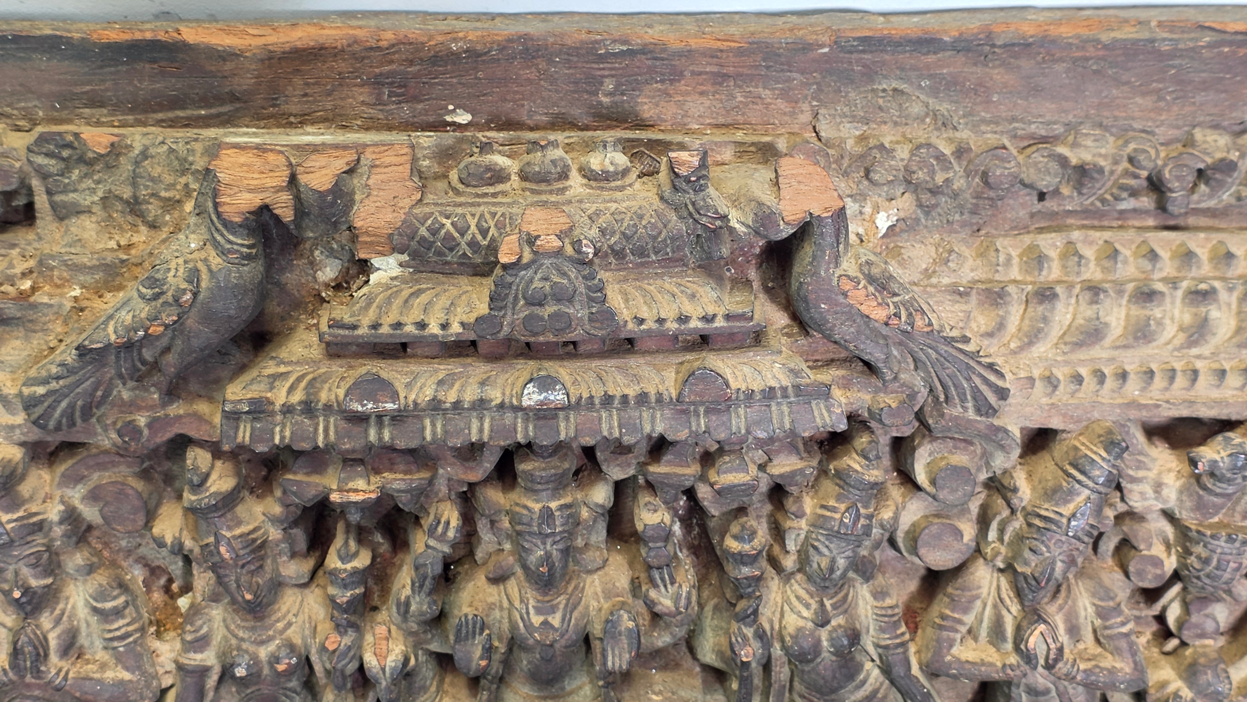 Antique India Wooden Panel Pair Lintel Carved Teak Temple Vishnu Wall Decor 2pc