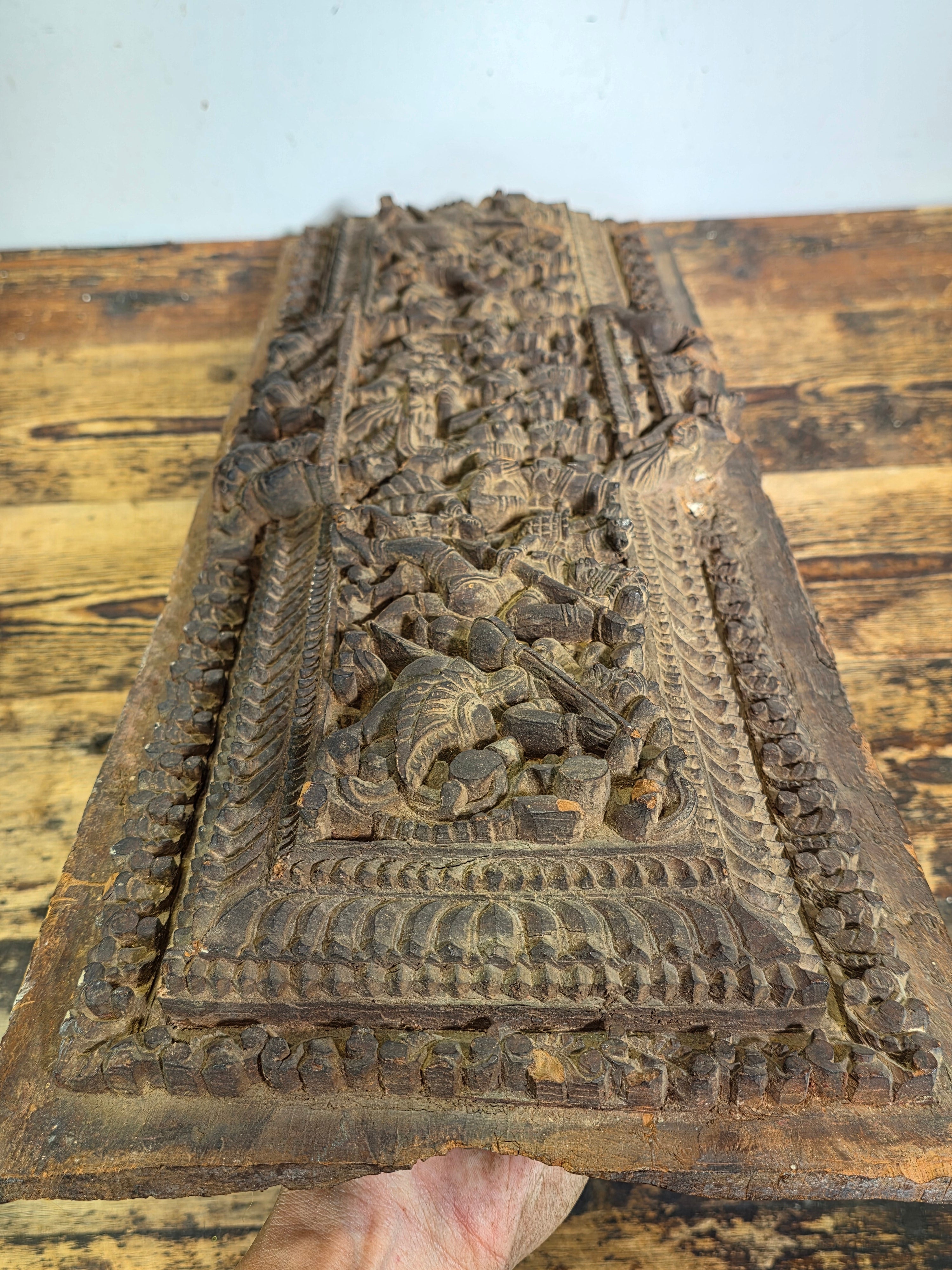 Antique India Wooden Panel Pair Lintel Carved Teak Temple Vishnu Wall Decor 2pc