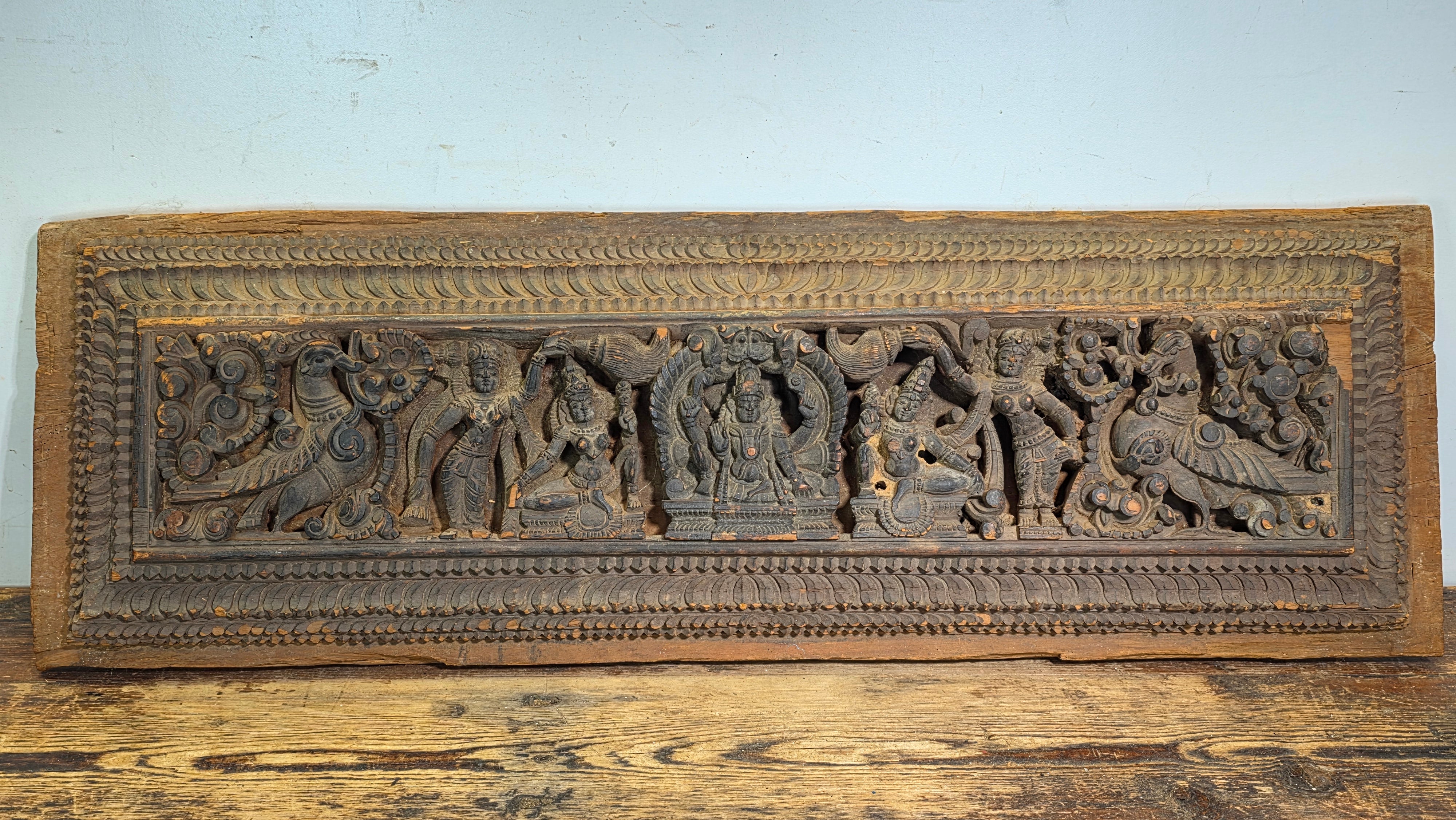 Antique India Wooden Panel Pair Lintel Carved Teak Temple Vishnu Wall Decor 2pc