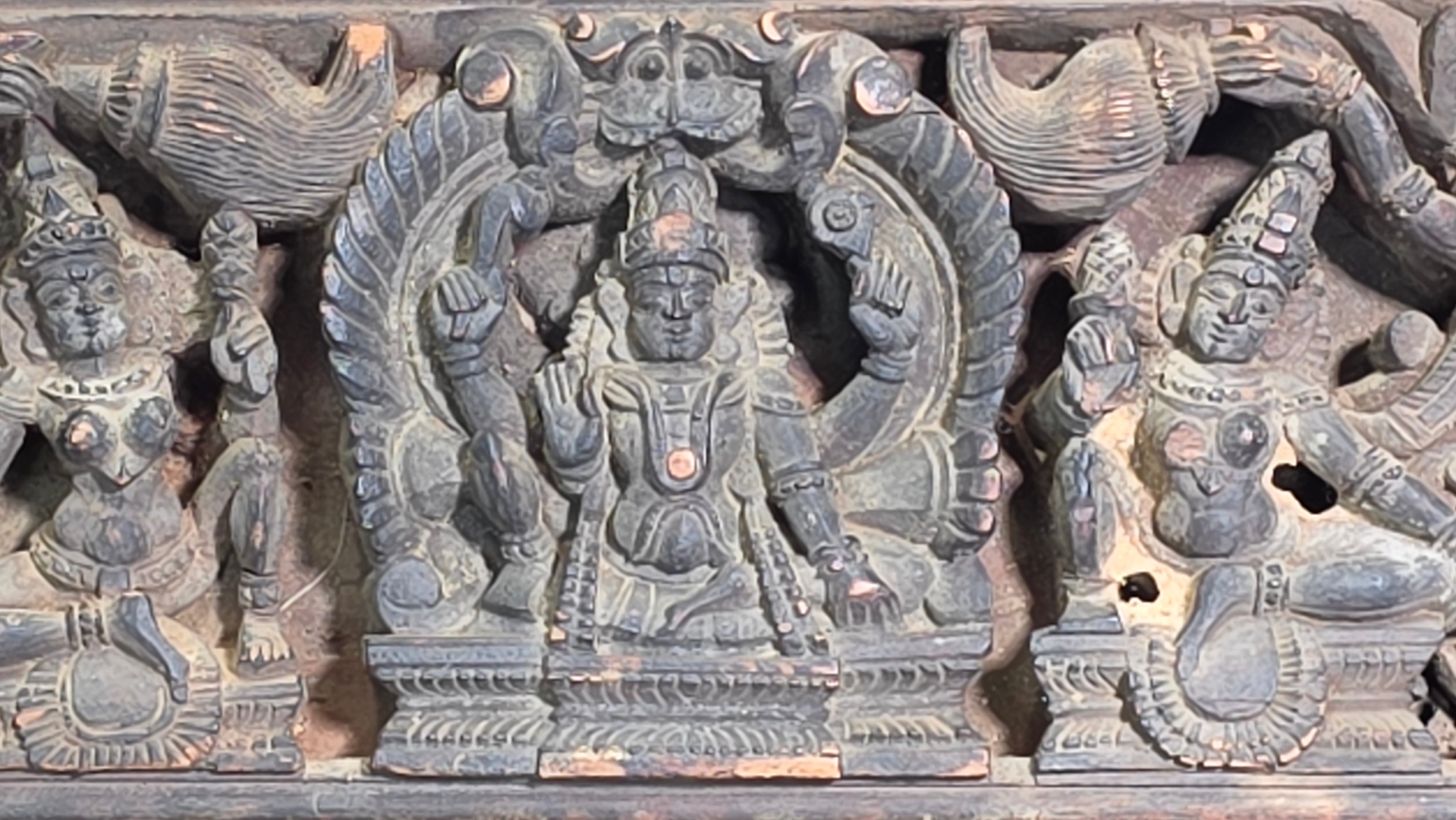 Antique India Wooden Panel Pair Lintel Carved Teak Temple Vishnu Wall Decor 2pc