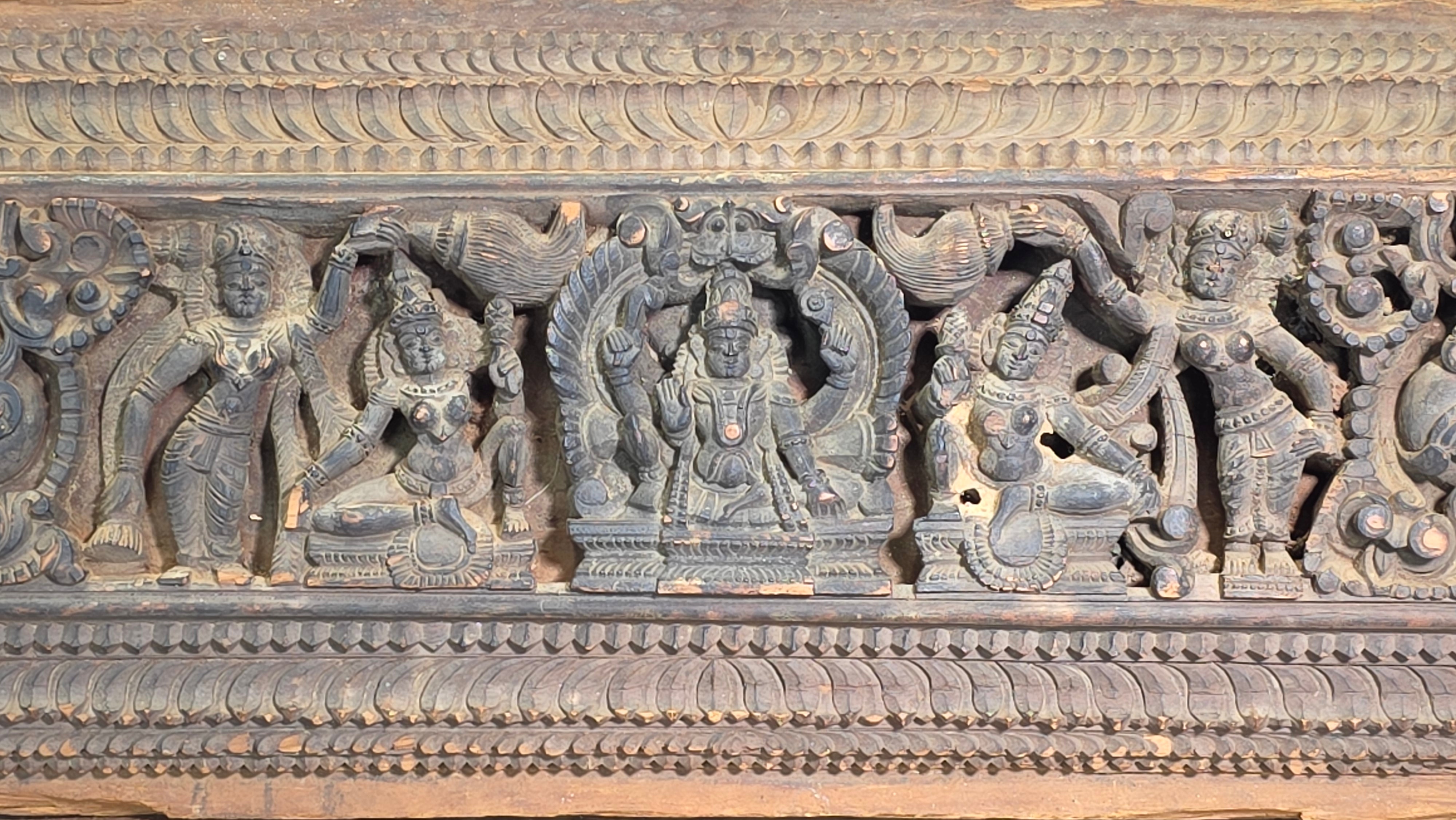 Antique India Wooden Panel Pair Lintel Carved Teak Temple Vishnu Wall Decor 2pc