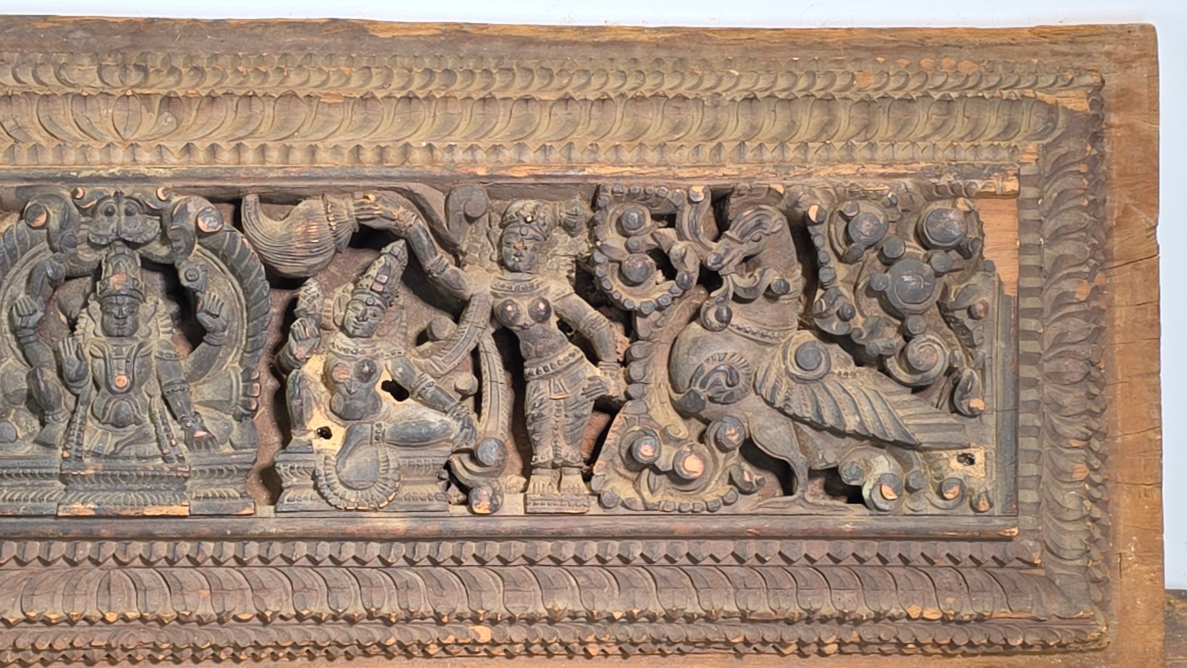 Antique India Wooden Panel Pair Lintel Carved Teak Temple Vishnu Wall Decor 2pc