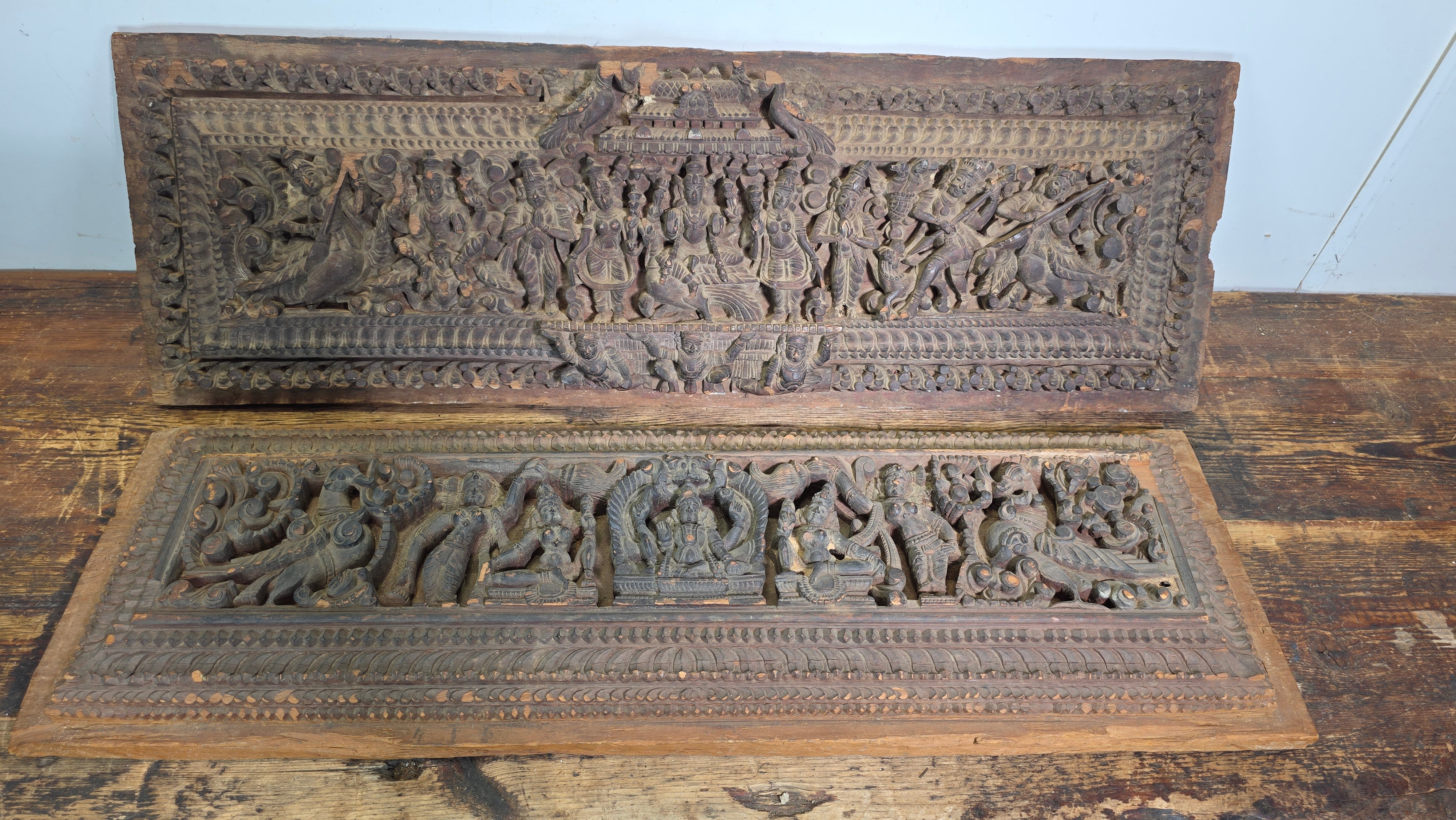 Antique India Wooden Panel Pair Lintel Carved Teak Temple Vishnu Wall Decor 2pc